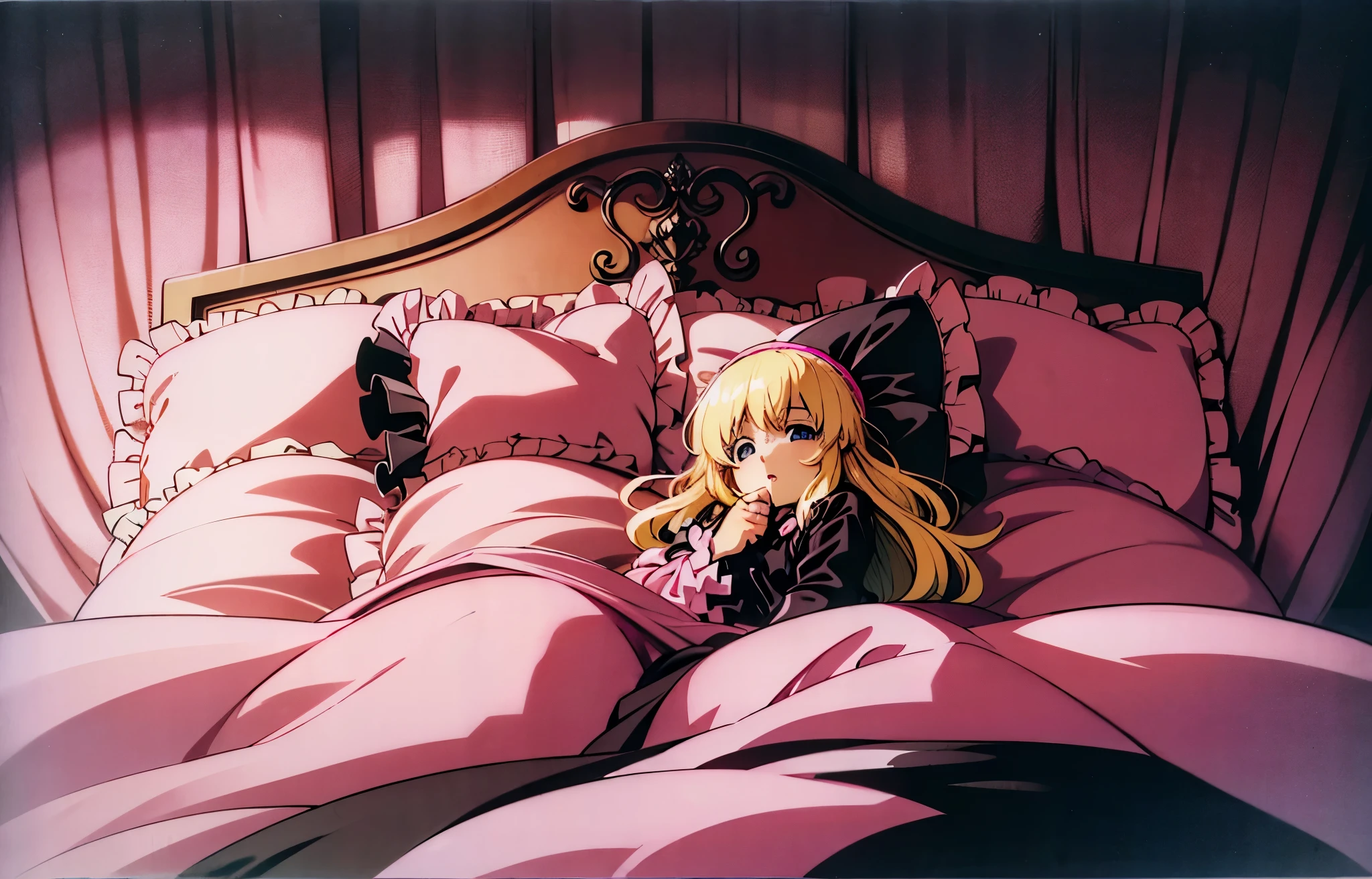 ,highest quality, masterpiece, highest resolution, artwork, super それにget used to it, many get used to it, get used to it, それにget used to it, 3K anime illustration,(( 10 year old girl)),Super detailed baby face,high quality small face,long blonde hair,blue eyes,白い肌のeuropean,pajamas, european,curly hair,blue eyes,((((ピンクのロリータファッションのlong skirtのワンピースドレス)))),((フリルとリボンがたっぷりついたピンクと黒のの可愛らしいpajamas)),((Luxurious pink and black headdress with frills and ribbons)),detailed headdress,,(((big yoke collar))),Yoke collar with ruffles and ribbons,((((long sleeve)))),ruffle sleeves,((((long skirt)))),pink and black pillow with large ruffles and ribbons,(((Nice pink outfit))),豪華なcanopy bedの上,canopy bed,The bed is surrounded by luxurious curtains,Many pink and black frilly pillows on the bed,Behind the girl are many pink and black frilly pillows..,super detailed background,detailed bed,soft pink and black comforter,Highly detailed soft ruffle pillow,Beautiful girl illustration,detailed beautiful face,thin hair,detailed eye ,detailed eyes,detailed mouth, arm details,fine hands,Detailed pillow,wide bed,Illustration on the bed, ,((((round futon)))),((((A large pink and black ruffled comforter covers the entire bed)))),detailed comforter,detailed bedシーツ,Before bedtime,romantic atmosphere,palace bedroom,((((The lower half of my body is hidden under a large futon....)))) The girl is leaning on a pile of pillows, ,((((round futon)))),((((Large pink ruffled comforter with black lace covering the entire bed)))),