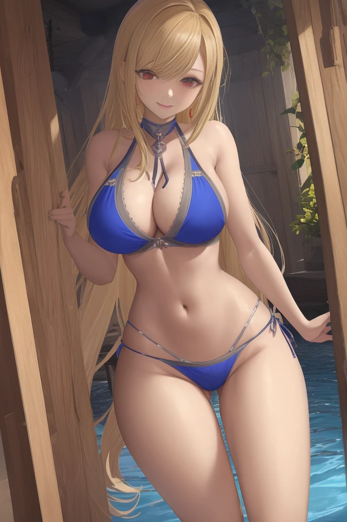 masterpiece, best quality, a really beautiful sexy lady that is in a sexy swim suit with large tits, 1girl, breasts, sling shot swimsuit, v-strings, full body, solo, under , navel, red eyes, one-piece thong swimsuit, pool, cleavage, looking at viewer, jewelry, areola slip, collarbone, erotic smile, earrings, covered nipples,