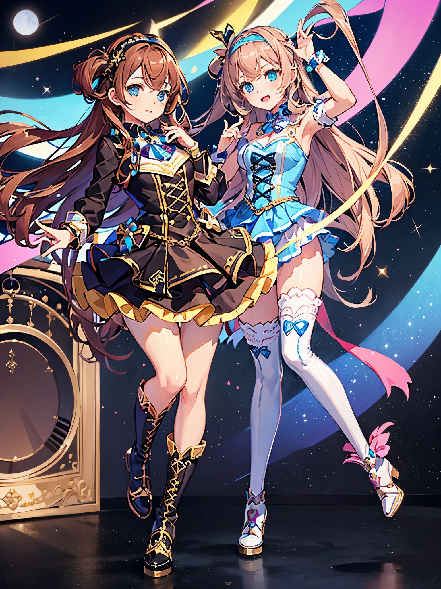 Masterpiece, high quality, 8k, HDR、breast enhancement、Chest centered。Cool horse ear glasses beauty、smile、looking at the camera。Brown Eyes、Pink Lipstick、Beautiful breasts。Red glasses、Shoulder less、Black going out clothes。Kneeling、Place your hands on your chest and waist。Night starry sky、Brick Road。