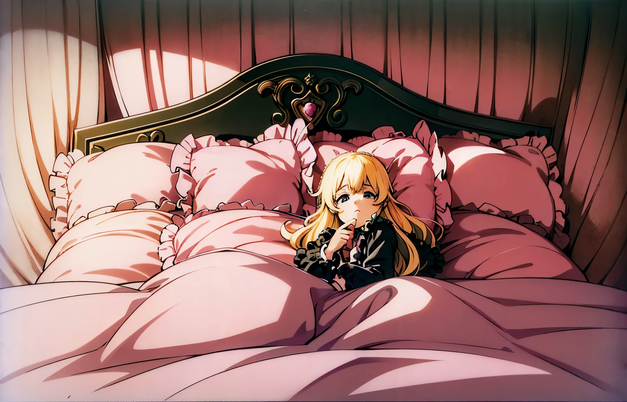 ,highest quality, masterpiece, highest resolution, artwork, super それにget used to it, many get used to it, get used to it, それにget used to it, 3K anime illustration,(( 10 year old girl)),Super detailed baby face,high quality small face,long blonde hair,blue eyes,白い肌のeuropean,pajamas, european,curly hair,blue eyes,((((ピンクのロリータファッションのlong skirtのワンピースドレス)))),((フリルとリボンがたっぷりついたピンクの可愛らしいpajamas)),((Luxurious pink headdress with frills and ribbons)),((((black ruffles and lace)))),detailed headdress,,(((big yoke collar))),Yoke collar with ruffles and ribbons,((((long sleeve)))),ruffle sleeves,((((long skirt)))),pink and black pillow with large ruffles and ribbons,(((Nice pink outfit))),豪華なcanopy bedの上,canopy bed,The bed is surrounded by luxurious curtains,Many pink and black frilly pillows on the bed,Behind the girl are many pink and black frilly pillows..,super detailed background,detailed bed,((((pink futon with black lace and frills)))),soft pink comforter,Highly detailed soft ruffle pillow,Beautiful girl illustration,detailed beautiful face,thin hair,detailed eye ,detailed eyes,detailed mouth, arm details,fine hands,Detailed pillow,wide bed,Illustration on the bed, ,((((round futon)))),((((A large pink futon that covers the entire bed)))),detailed comforter,detailed bedシーツ,Before bedtime,romantic atmosphere,palace bedroom,((((The lower half of my body is hidden under a large futon....)))) The girl is leaning on a pile of pillows, ,((((round futon)))),((((Large pink ruffle comforter with black ruffles and lace covering the entire bed)))),looking at me with contempt,Holding both hands,putting both hands close to the mouth,