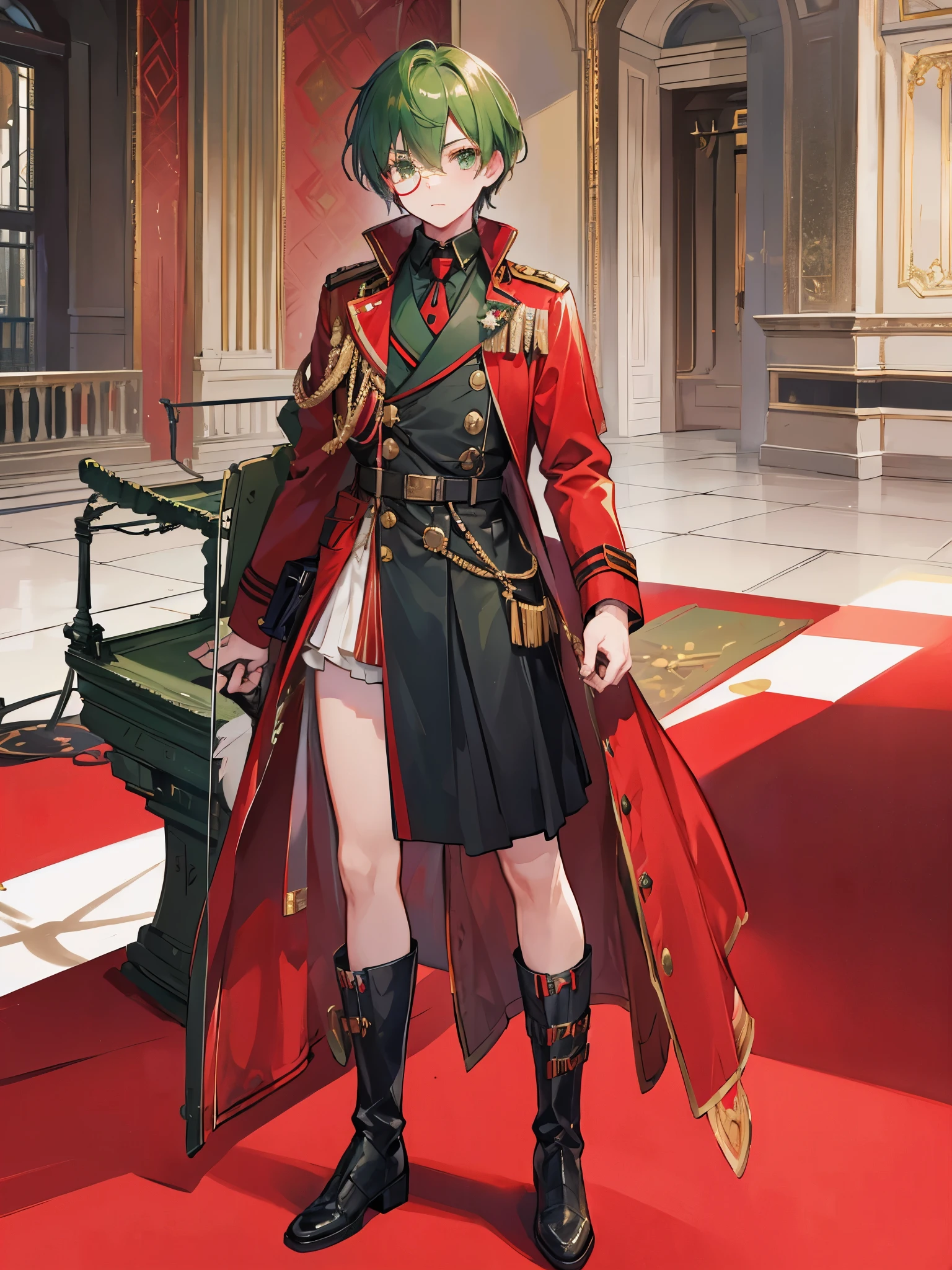 ((a boy)), green eyes, red eyes, ((idol costume)), long boots, ((individual)), ((military jacket)), ((high quality)), monocle