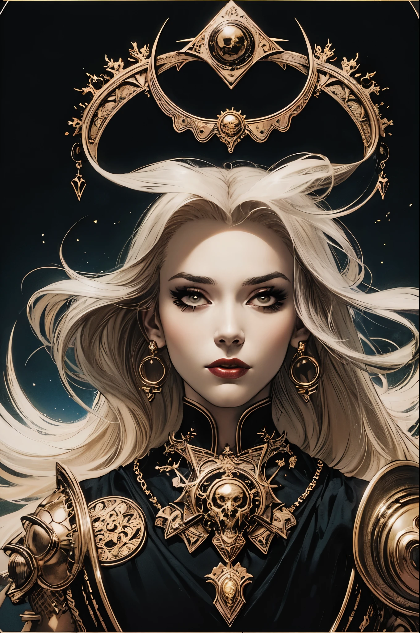 (best quality, masterpiece), (tarot, tarot card,:1.1) solo platinum blonde female as powerful Lady Death, black background, golden, esoteric and glorious, epic background, epic vibe, in the artstyle of Mucha and in the style of tarot card