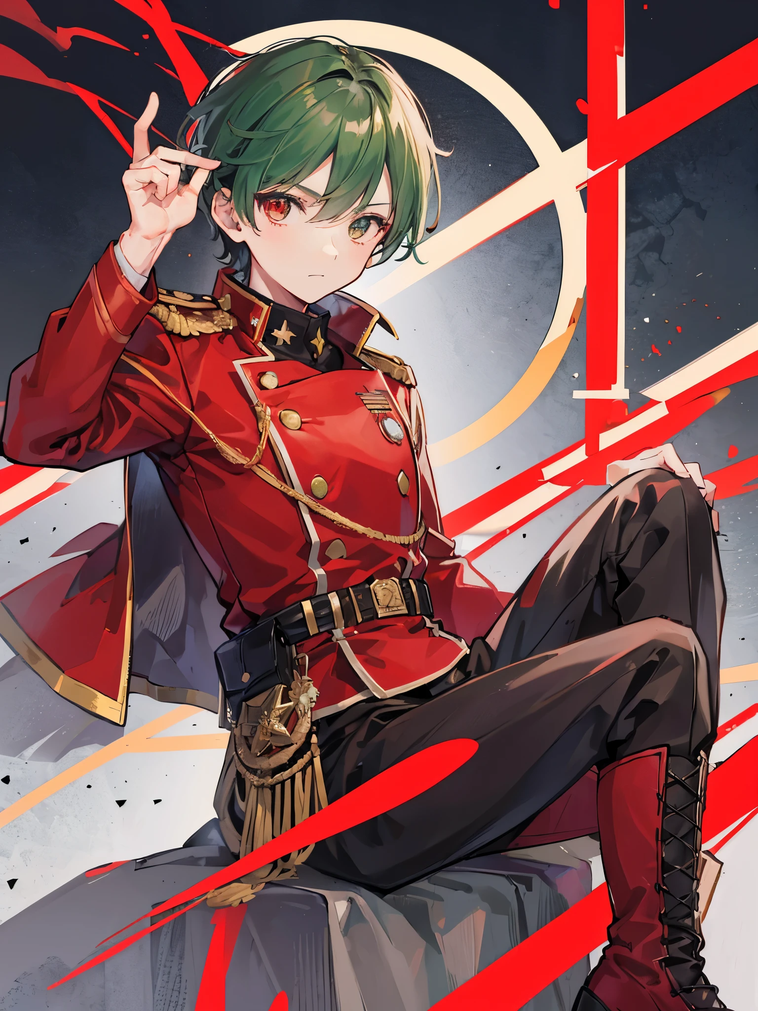 ((a boy)), green eyes, red eyes, ((idol costume)), long boots, ((individual)), ((military jacket)), ((high quality)), monocle