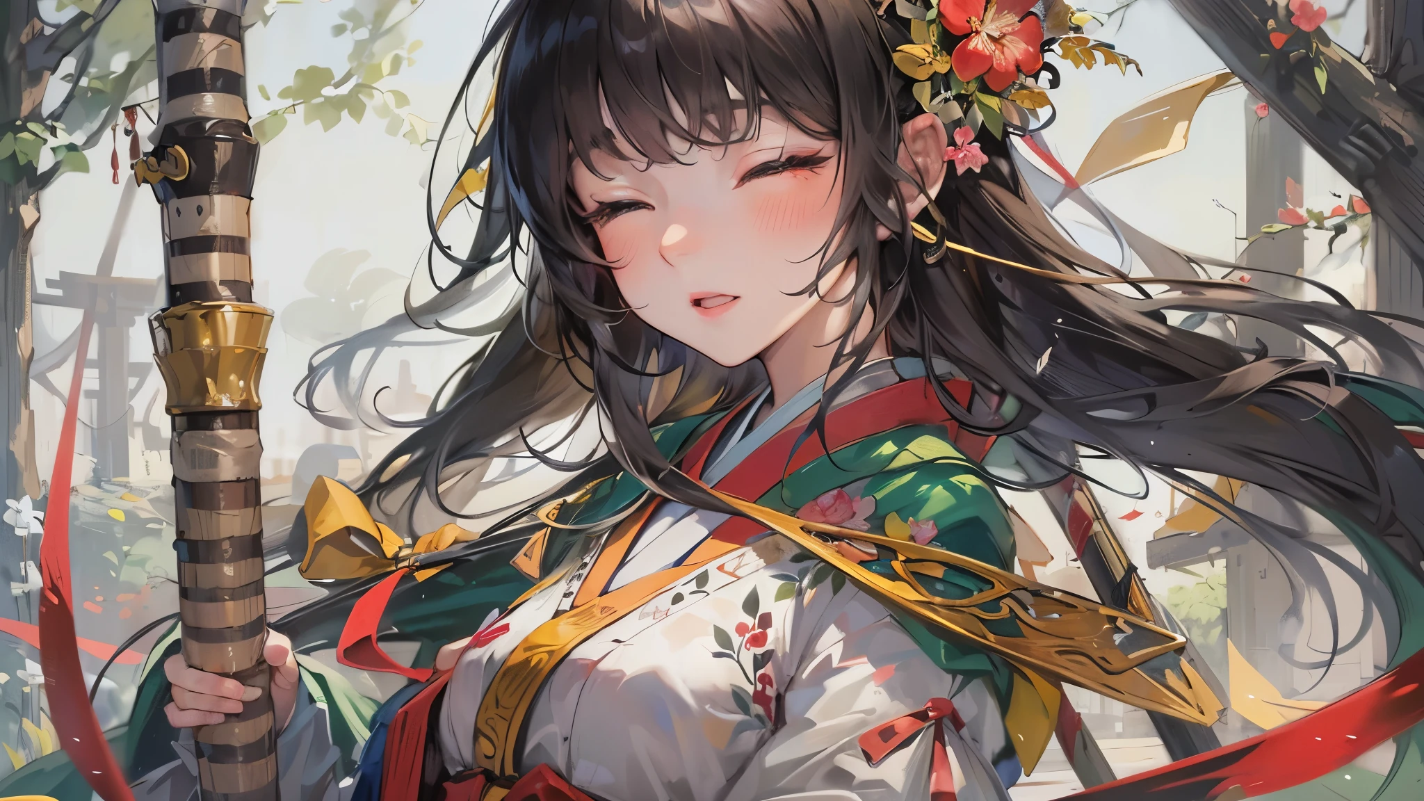 (perfect anatomy, masterpiece:1.2, best quality, 8k, beautiful detailed grow, daydreaming expression), break, (battle fighting stance) ((skilled with a japanese bow and arrow)), (solo:1.2 blunt:1.1 bangs black hair long hair beautiful divine archer girl, 14 yo, closed eyes), in a shrine maiden costumebreak, break, background Dazaifu Tenmangu.