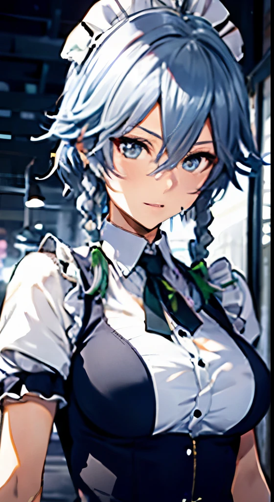 (Unity 16K Wallpaper, masutepiece, Best Quality, Ultra-detailed, extremely details CG, Cinematic lighting, Detailed, Beautiful detailed eyes, Solo), (((Sakuya Izayoi))), maid, apon, greyt hair, medium breasts, knife