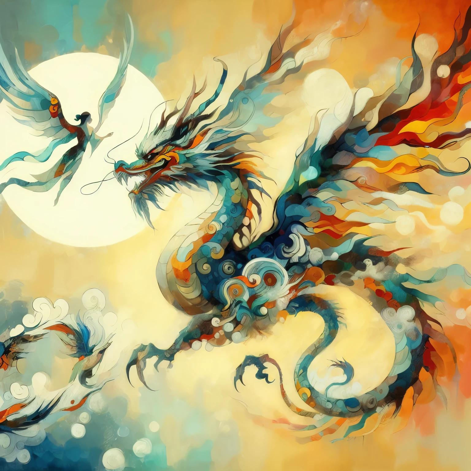 Asian dragon, 1 small flying goddess, art painting, abstract, unclear figure, light and bright colors, artist Wassily Kaandinsky