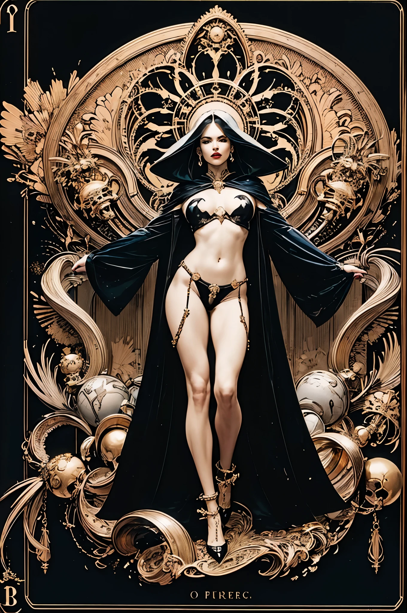 (best quality, masterpiece), (tarot, tarot card,:1.1) in full body shot, solo platinum blonde female as powerful Lady Death, ((golden card frames)), ((esoteric symbols)), sigils,  black background, golden, esoteric and glorious, epic background, epic vibe, in the artstyle of Mucha and in the style of tarot card