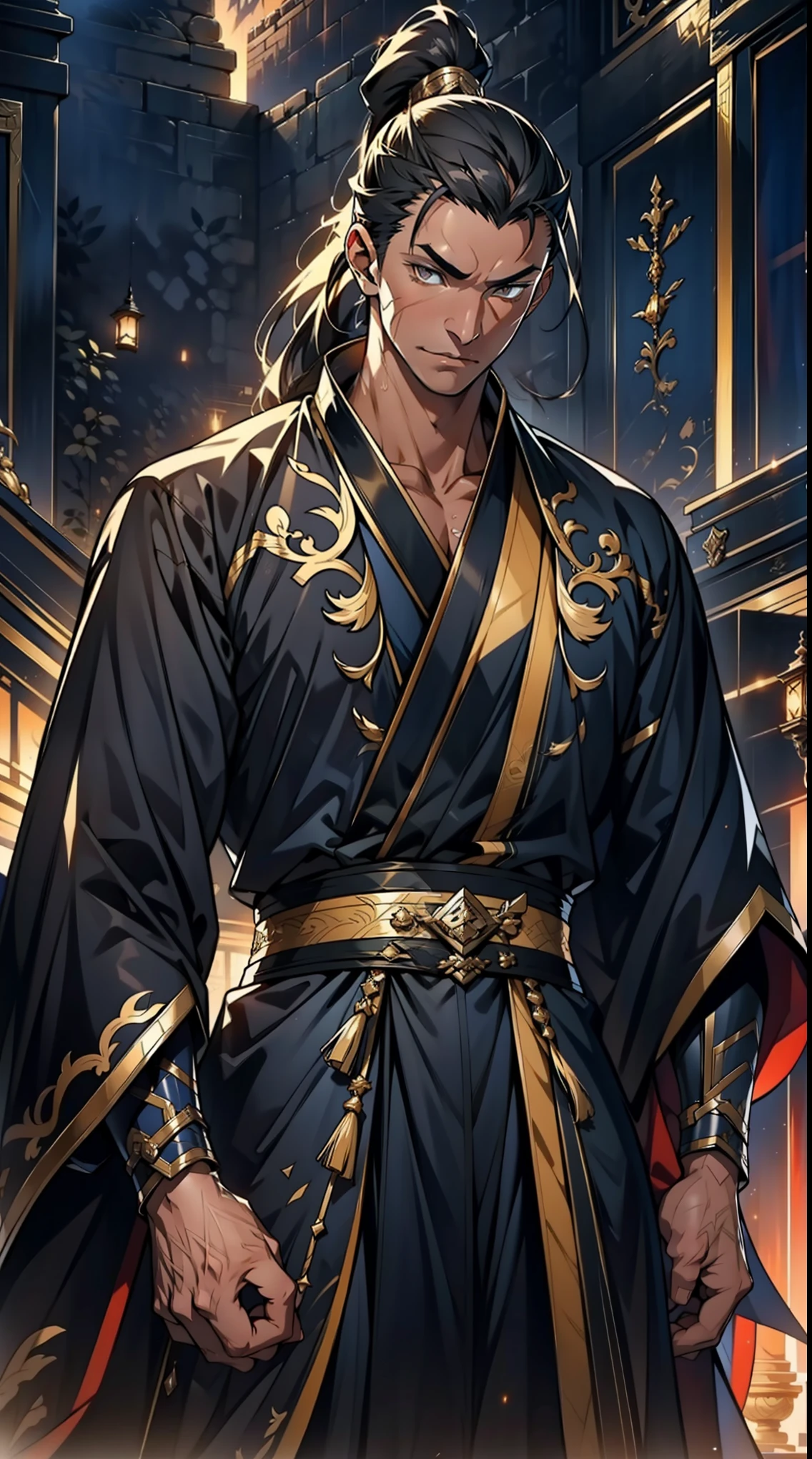 one person(male warrior),proportions are correct,facial details,swordsman,high ponytail hairstyle,neck detail,Have an Adam's apple,Black and gold robe,joke,Black and gold robe,clothing details,Hand over,long sleeves,Game quality,fencing,Ray tracing,Ray tracing,Detailed glow,CG rendering,hair details,Long black and blond hair,Black-gold eyes,Handsome,Handsome,(Youthful feeling),Costumes are complicated,Perfect composition,refine,high quality,higher details,many details,Complex background,a sense of atmosphere,