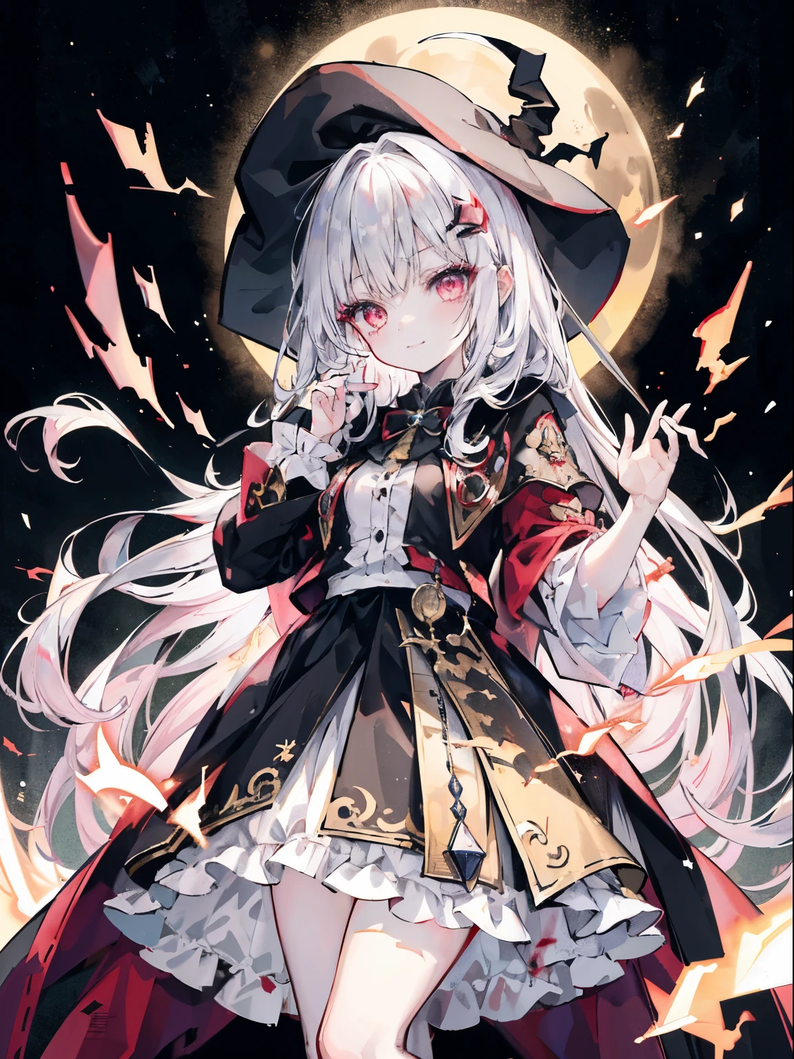 young girl、human、A magician who always smiles、large witch hat 、cute、long white hair、Red eyes and glazed eyes、Bangs are heavy、Thin eyebrows、fantasy、intake、double teeth、star motif、Constellation motifonochrome clotheetal look decoration、cape、A little dark atmosphere、a little crazy smile、Outside at night when the big moon shines、blood return、black star hair ornament、short tie、No nails、high waist skirt、flared sleeves、long sleeve shirt、black tie、Low exposure、Mr.々a haze、yellow and white effect、Shocking pink as an accent color