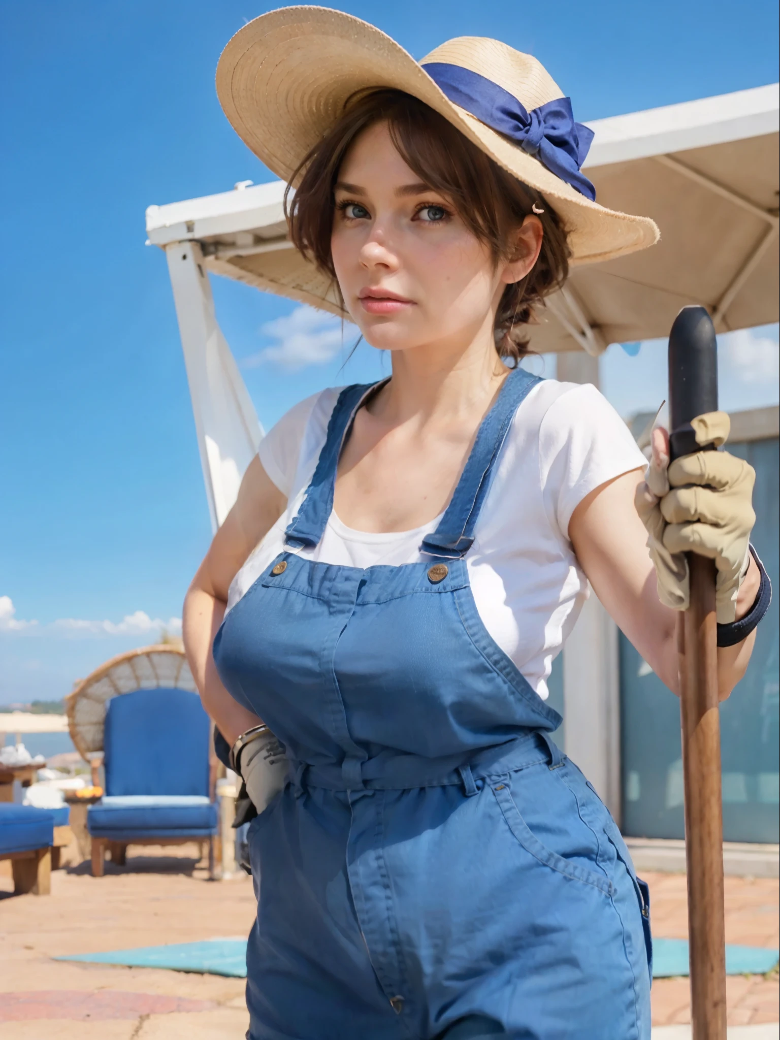 Real life adaption of this character, American adult girl, realistic same hair with same hat , realistic same outfit, same gloves, holding stick,realistic same background, realistic light, realistic shadow, realism, hyper realistic, (photorealistic:1.2), realistic small eyes