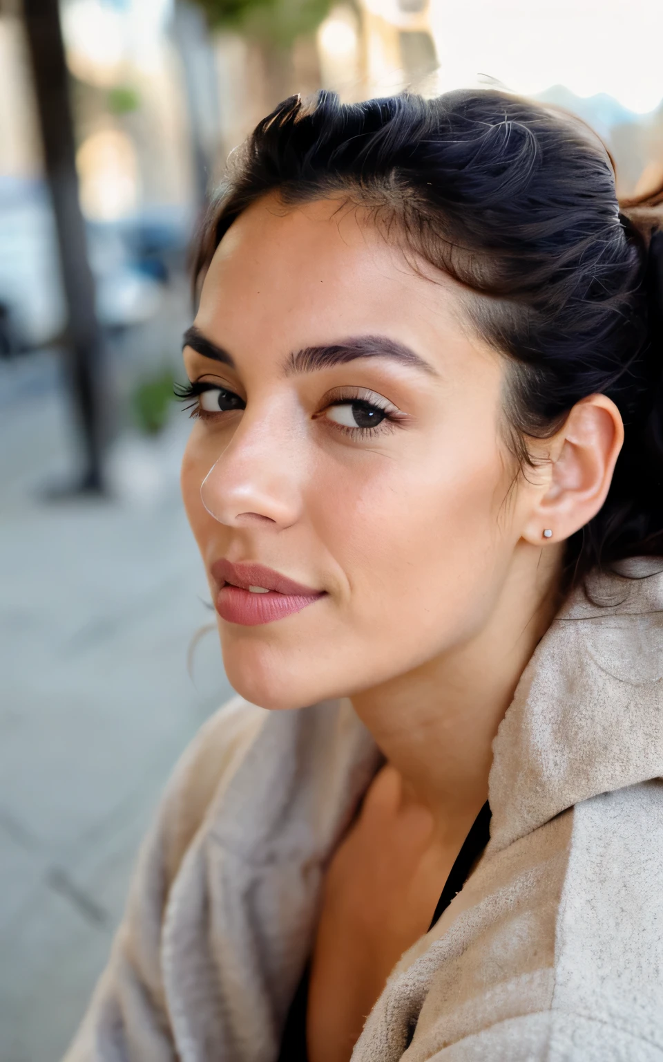 Photorealistic, acuity, Photo brute, amateur photo, belle 39 ans.Oh fille Latina-Espagnole, Prendre un selfie, robe soyeuse, elongate, detailed skin pores & Texture du visage, pores, bonne poitrine (chair de poule:0.7), spontaneous pose, Regarder le spectateur, Mise au point du visage, Taken with a mobile camera, grain le film 4k