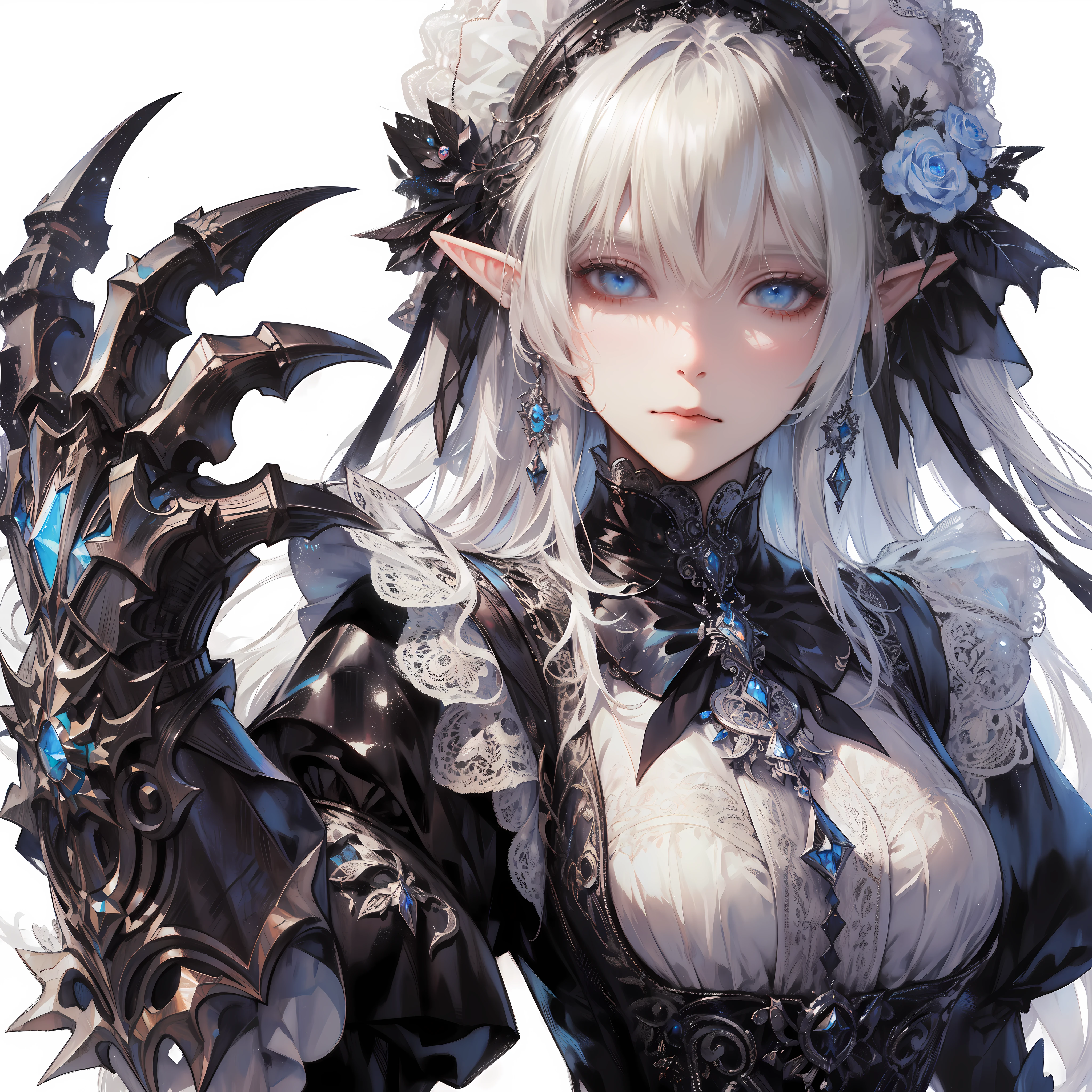 a elf woman wearing a long-sleeved and intricate Gothic maid outfit with details of small accessories, white hair, blue eyes. She wears massive gauntlet with claw and (wears armor to protect her shoulders and chest), by Artgem, Dynamic shot, Dynamic pose, Hayao Miyazaki, Mikimoto Haruhiko, frank frazetta, Cinematic Dramatic atmosphere, fantasy, 8k, watercolor painting