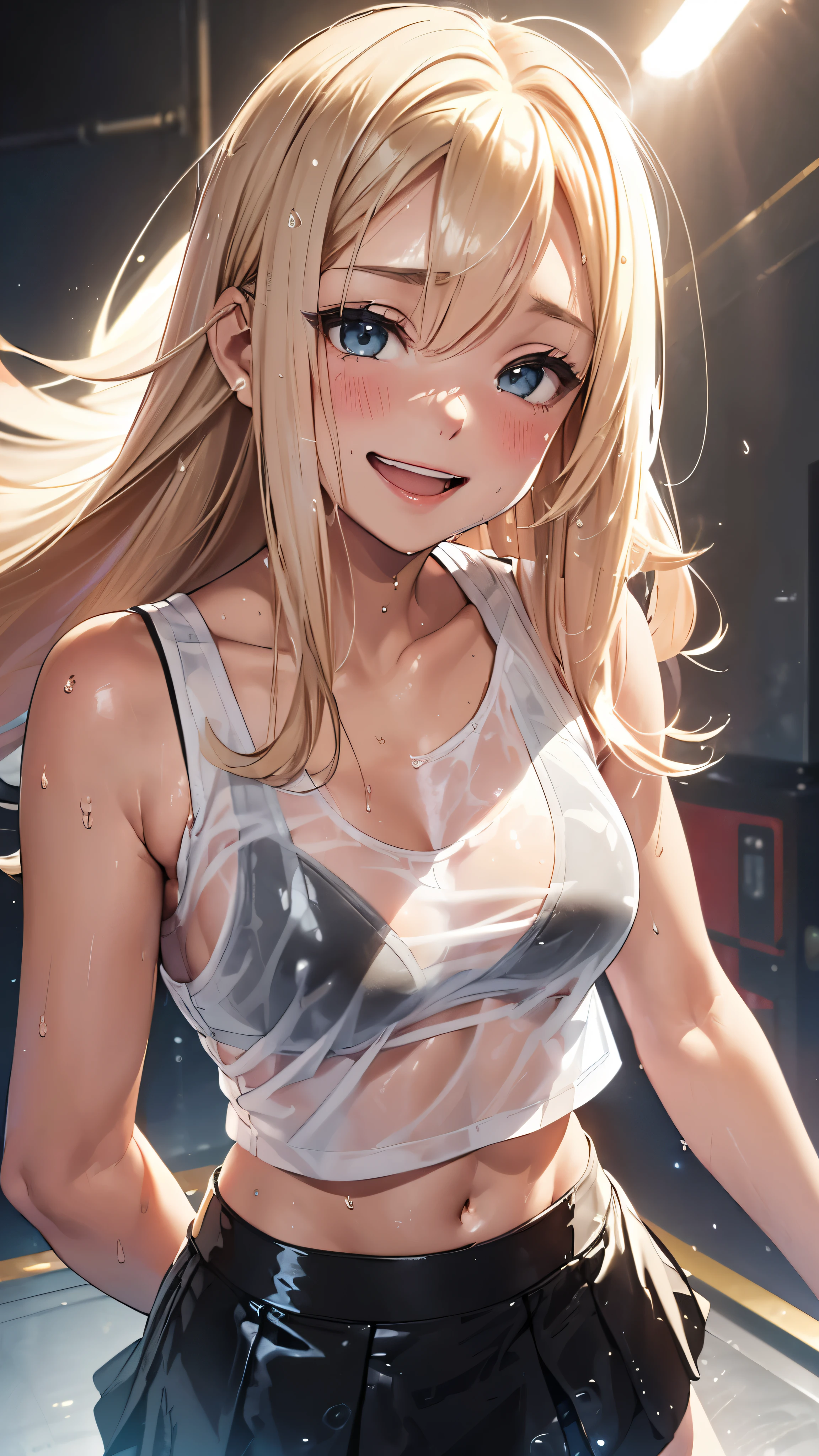 1 female,golden hair,25 years old,(((blue shiny micro tight skirt)))((white tank top))(((blush、open mouth smile)),(((straight hair))),(((portrait))),crowd,,(wet with sweat)(sexy black bra and see-through tank top)()(((small breasts)))