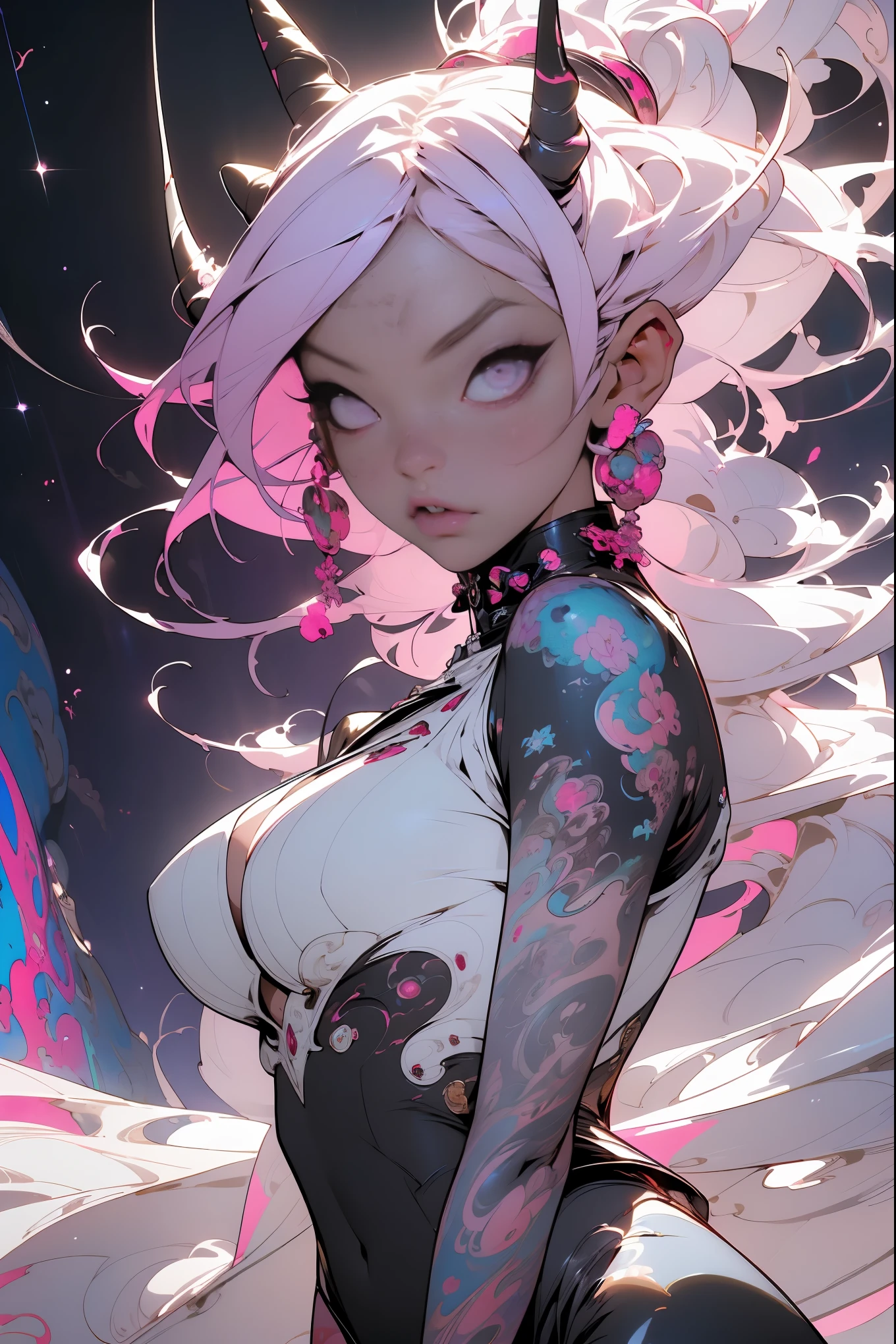 (masterpiece, top quality, best quality, official art, beautiful, cosmic, atmospheric, psychedelic, dreamlike and aesthetic, swirling psychedelic cosmic graffiti patterns:1.2), (1girl, sexy seductive slutty pose, cowboy shot), extreme detailed,(fractal art:1.3),colorful,highest detailed, "(Best Quality, 8K, 32K, masutepiece:1.3), Ultra-detailed, (Photorealistic:1.4), pink and white colors, perfect color scheme, albino, demon girl, oni horns, angel wings, Detailed moonlight eyes, Upper body, Luxurious punk hair, Edgy Harajuku-inspired fashion, super huge enormously gigantic tits, cleavage showing, Avant-garde makeup, Numerous piercings, Heavily tattooed body, cherry blossoms and butterflies blowing in the wind, psychedelic cosmic dreamlike aesthetic atmospheric background
