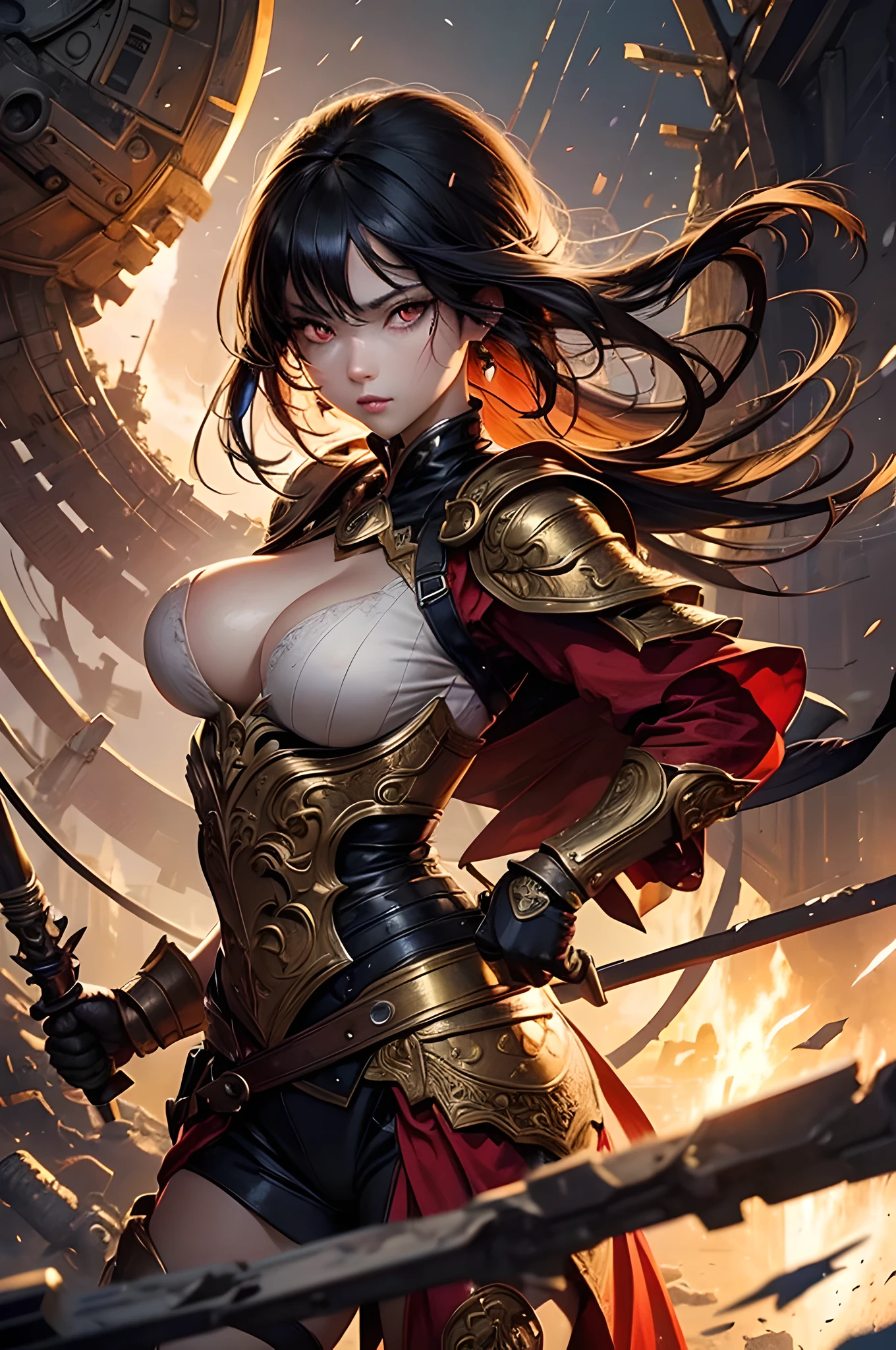 High resolution, highest quality, illustrations, super detail, (detailed face) (detailed eyeasterpiece), best quality, expressive eyes, perfect face, 1 girl, solo, black hair, red eyes, warrior, big breast, bare knee shot