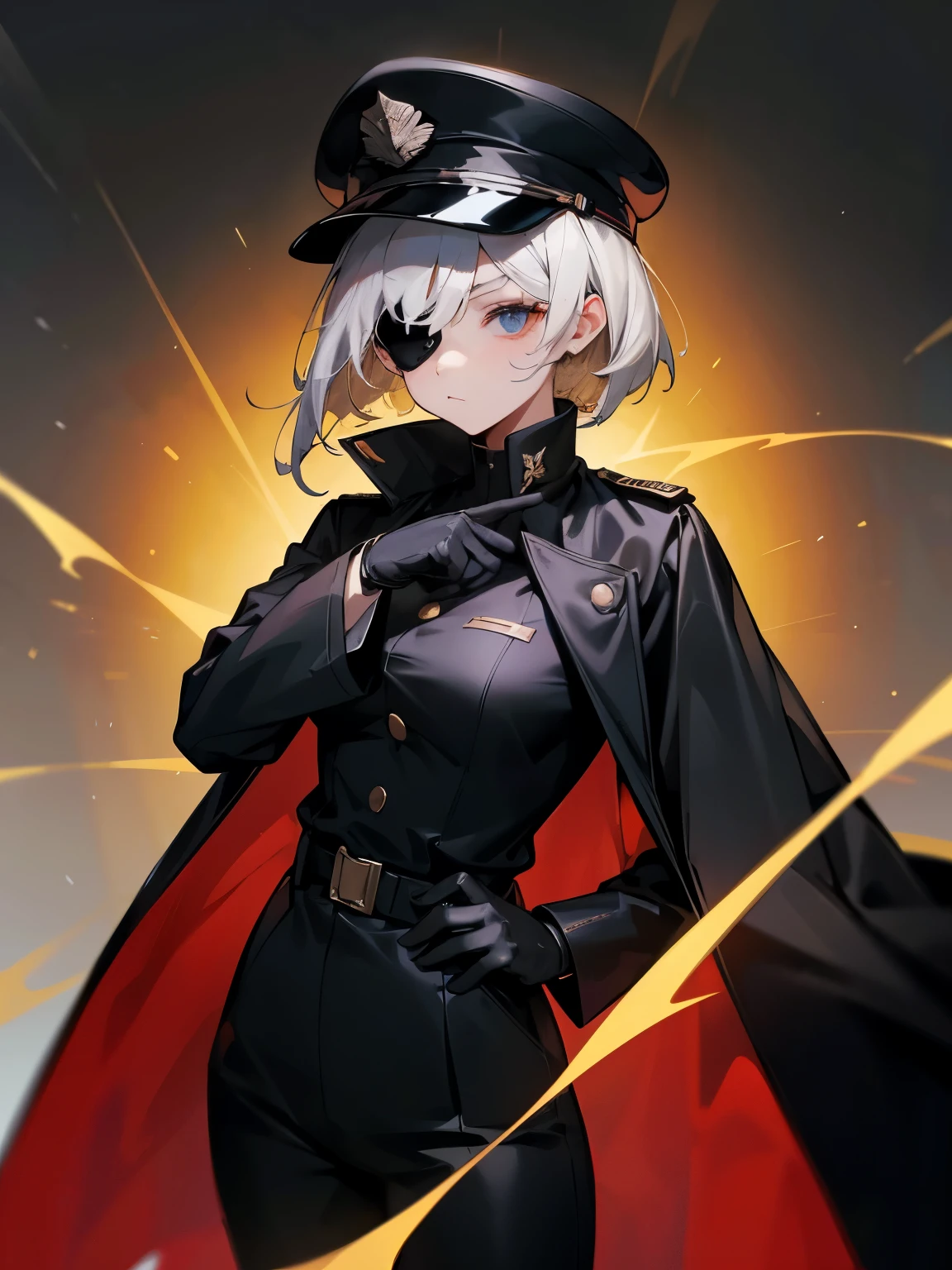 1women, gold eye color, short white hair, wearing black Commandant uniform, wearing black Commandant hat, wearing black leather overcoat, absurdres, high res, ultrasharp, 8k, masterpiece, wearing black trousers uniform, black gloves, wearing black eye patch on her left eye, her right hand touches her Commandant hat, her left hand touches her waist