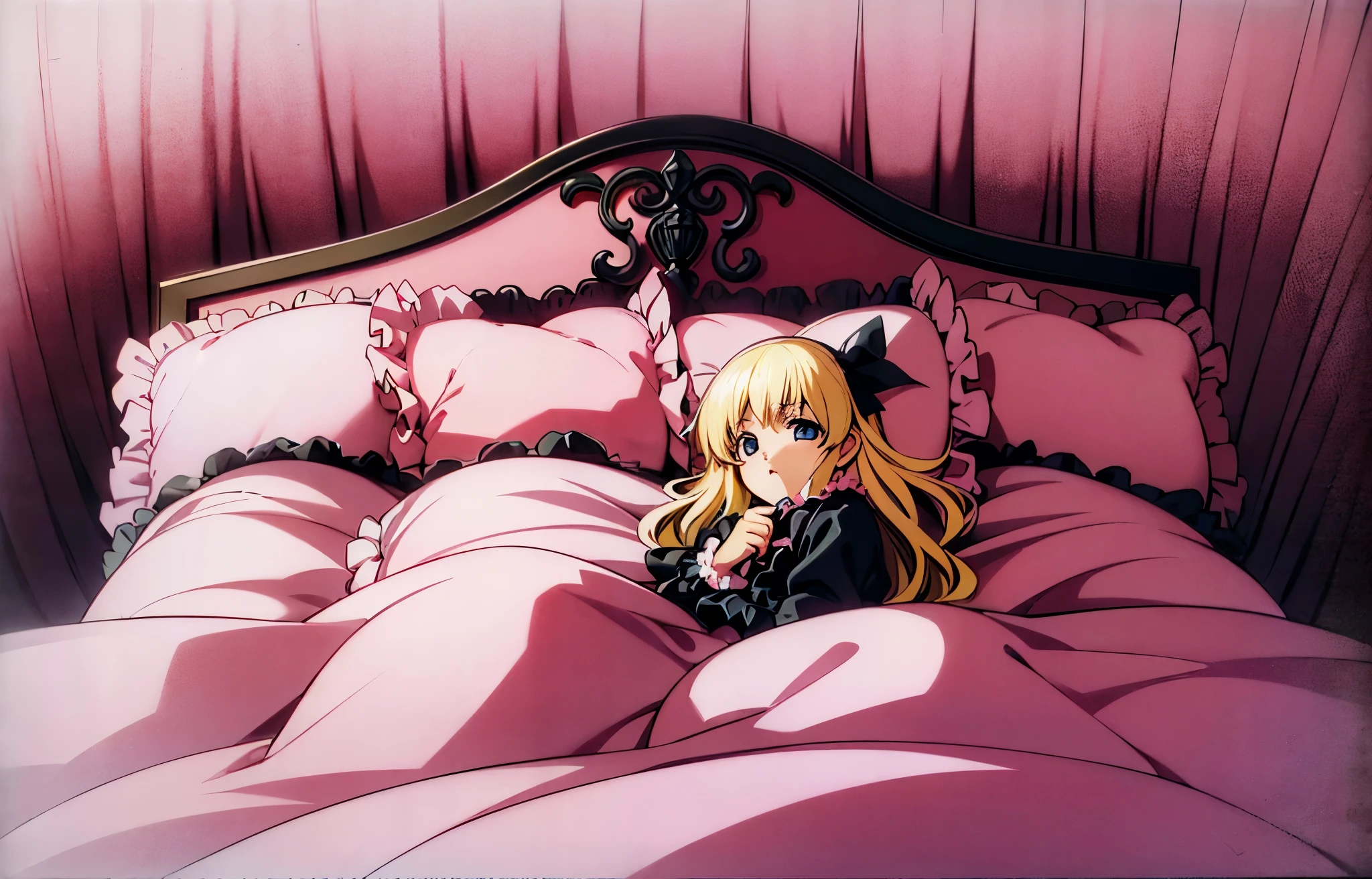 ,highest quality, masterpiece, highest resolution, artwork, super それにget used to it, many get used to it, get used to it, それにget used to it, 3K anime illustration,(( 10 year old girl)),Super detailed baby face,high quality small face,long blonde hair,blue eyes,白い肌のeuropean,pajamas, european,curly hair,blue eyes,((((ピンクのロリータファッションのlong skirtのワンピースドレス)))),((フリルとリボンがたっぷりついたピンクの可愛らしいpajamas)),((Luxurious pink headdress with frills and ribbons)),((((black ruffles and lace)))),detailed headdress,,(((big yoke collar))),Yoke collar with ruffles and ribbons,((((long sleeve)))),ruffle sleeves,((((long skirt)))),pink and black pillow with large ruffles and ribbons,(((Nice pink outfit))),豪華なcanopy bedの上,canopy bed,The bed is surrounded by luxurious curtains,Many pink and black frilly pillows on the bed,Behind the girl are many pink and black frilly pillows..,super detailed background,detailed bed,((((pink futon with black lace and frills)))),soft pink comforter,Highly detailed soft ruffle pillow,Beautiful girl illustration,detailed beautiful face,thin hair,detailed eye ,detailed eyes,detailed mouth, arm details,fine hands,Detailed pillow,wide bed,Illustration on the bed, ,((((round futon)))),((((A large pink futon that covers the entire bed)))),detailed comforter,detailed bedシーツ,Before bedtime,romantic atmosphere,palace bedroom,((((The lower half of my body is hidden under a large futon....)))) The girl is leaning on a pile of pillows, ,((((round futon)))),((((Large pink ruffle comforter with black halal and lace covering the entire bed)))),looking at me with contempt,Holding both hands,putting both hands close to the mouth,