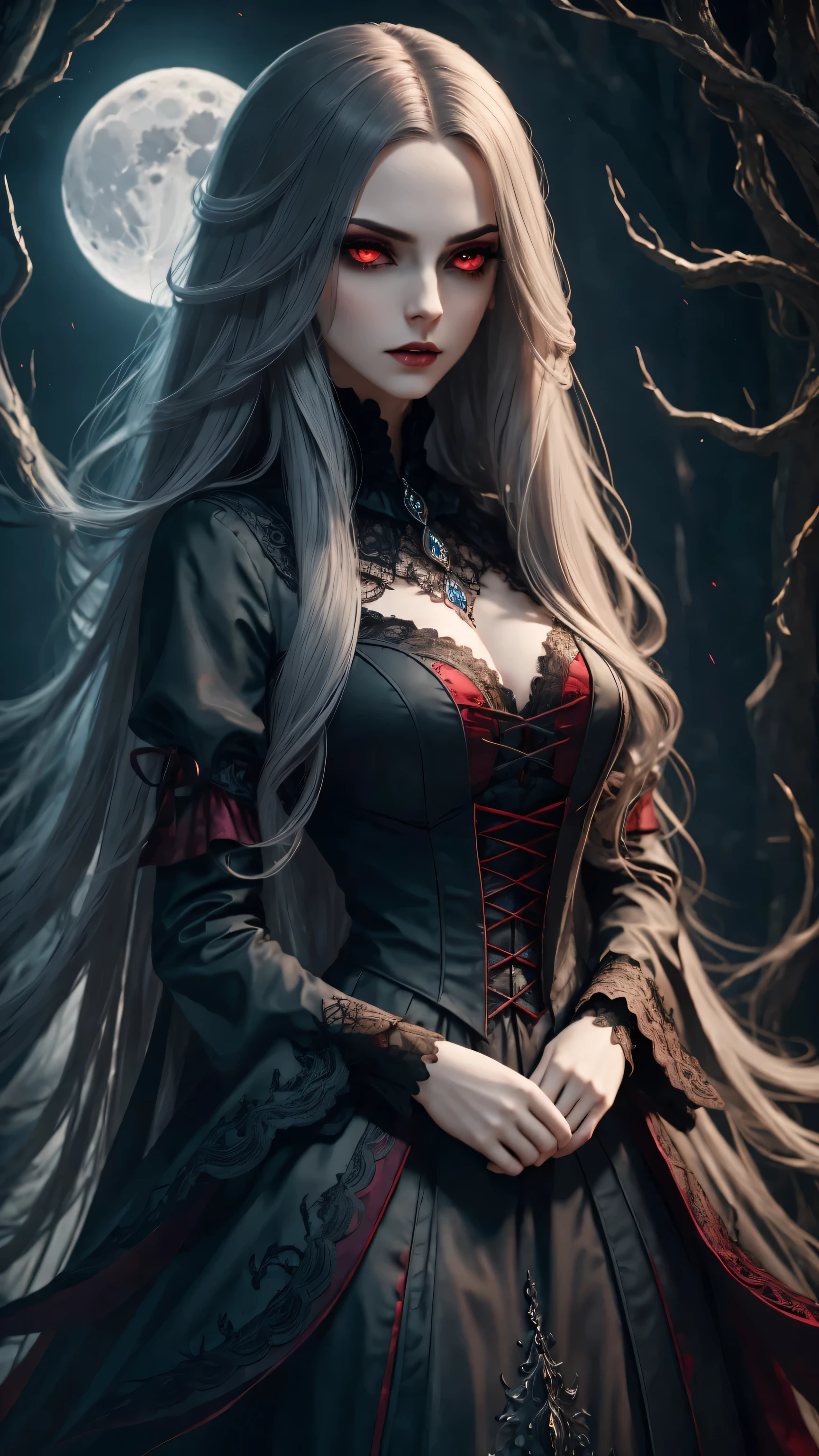 (best quality,4k,8k,high resolution,masterpiece:1.2),Super detailed,(actual,photoactual,photo-actual:1.37),gothic style,The atmosphere is gloomy,dark shadow,weird,unforgettable beauty,vampire girl,red eyes,Pale complexion,long hair,flowing long skirt,lace, short sleeves, collar,lace gloves,Purple eye makeup,night view,Mysterious moonlight,hint of blood red,Gloomy and mysterious,Palette: deep black and rich purple,dramatic lighting,Ethereal and supernatural beings