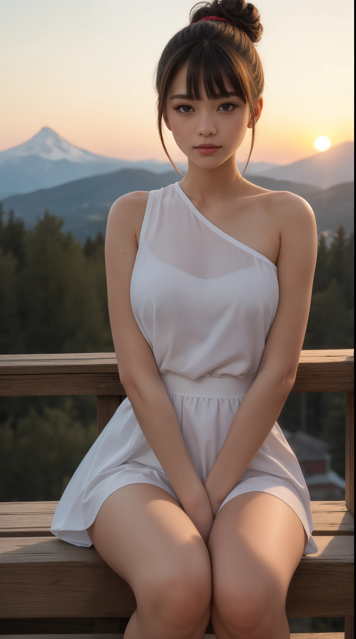 Girls, Bangs, European, Russian race, Bare Shoulders, Girl, 21 years old, Height 160cm, medium breasts, background mountain village, sunset, black hair, hair bun, View Viewer, Parted lips, Red eyes, Simple background, Sleeveless, Sleeveless shirt, Solo, (Shiny skin),(Masterpiece:1.4),(Best quality:1.4),,Red lips, sweat, whole body
