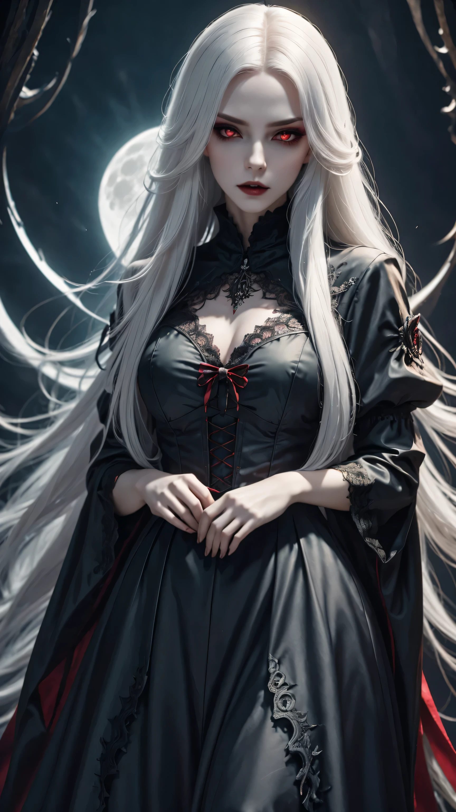 (best quality,4k,8k,high resolution,masterpiece:1.2),Super detailed,(actual,photoactual,photo-actual:1.37),gothic style,The atmosphere is gloomy,dark shadow,weird,unforgettable beauty,vampire girl,red eyes,Pale complexion,long hair,flowing long skirt,lace, short sleeves, collar,lace gloves,Purple eye makeup,night view,Mysterious moonlight,hint of blood red,Gloomy and mysterious,Palette: deep black and rich purple,dramatic lighting,Ethereal and supernatural beings