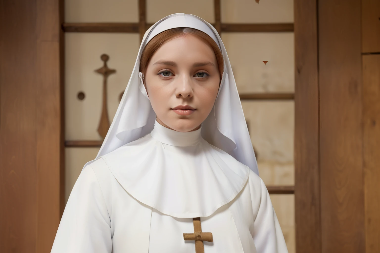 England, 1346. ((((full view)))) of A young ((((29-year-old)) Caris Wooler)), attractive, expressive eyes, ((((working in the hospital)))), ((content expression)). ((((clothings from the 1300s, medieval nun nurse white uniform)))), ((light chestnut hairstyle of the 1300s))