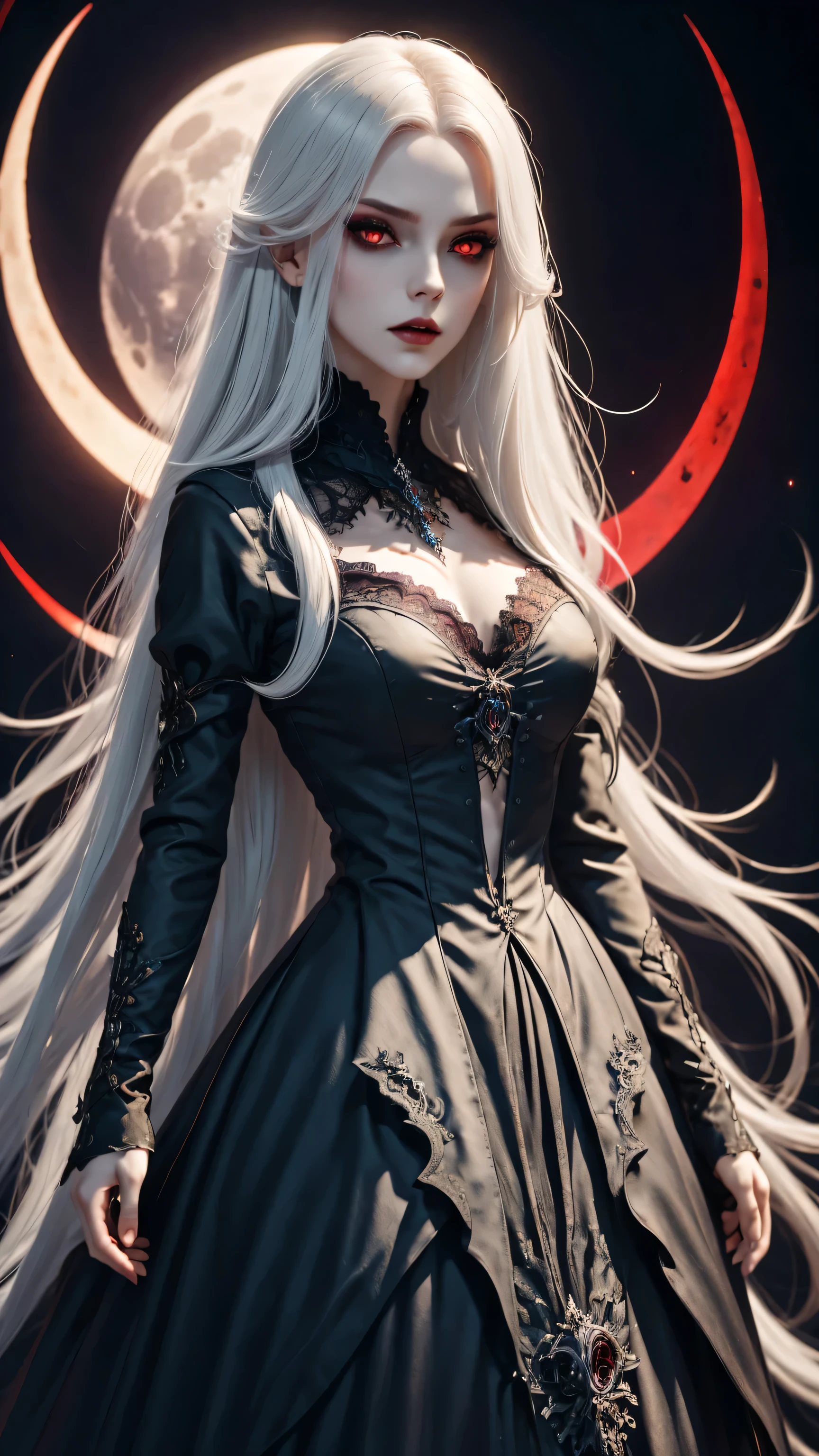 (best quality,4k,8k,high resolution,masterpiece:1.2),Super detailed,(actual,photoactual,photo-actual:1.37),gothic style,The atmosphere is gloomy,dark shadow,weird,unforgettable beauty,vampire girl,red eyes,Pale complexion,long hair,flowing long skirt,lace, short sleeves, collar,lace gloves,Purple eye makeup,night view,Mysterious moonlight,hint of blood red,Gloomy and mysterious,Palette: deep black and rich purple,dramatic lighting,Ethereal and supernatural beings