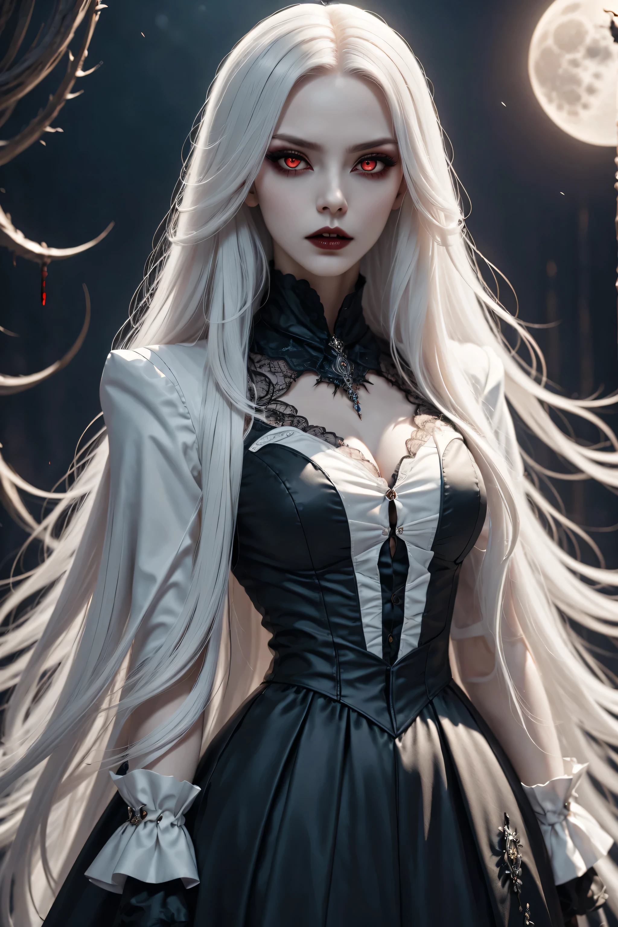 (best quality,4k,8k,high resolution,masterpiece:1.2),Super detailed,(actual,photoactual,photo-actual:1.37),gothic style,The atmosphere is gloomy,dark shadow,weird,unforgettable beauty,vampire girl,red eyes,Pale complexion,long hair,flowing long skirt,lace, short sleeves, collar,lace gloves,Purple eye makeup,night view,Mysterious moonlight,hint of blood red,Gloomy and mysterious,Palette: deep black and rich purple,dramatic lighting,Ethereal and supernatural beings