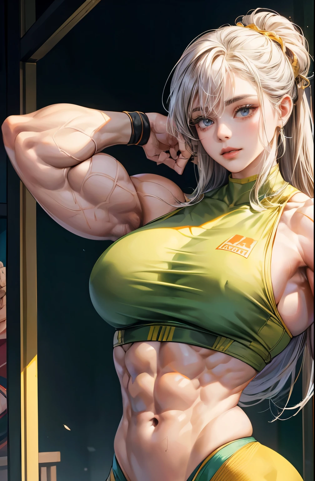 (best lighting) , (Extremely complex and detailed) , 4K unified, (Super detailed CG: 1.2) , (8k: 1.2),(The original), (masterpiece) , (best quality),(masterpiece:1.4),Anime-like high quality,(masterpiece),masterpiece, Super clear picture quality,clearer than,(delicate face)best quality, absurd,((Master of Peace, 4K, 8k, Yes, high resolution))1个girl, female student,She was in the garden,Ten strong abdominal muscles,stand up,Crop topping,dense, There are raised veins on the arms,Oversized muscles,The visual sense of muscle explosion,Muscles feel like they're about to explode,The biceps are as big as several steamed buns,spring, boots, Perfect body, silver long hair, dynamic poses,legs exposed,Strong leg muscles ((bodybuilder:1.5)),spring Garden,(beautiful bass),(girl),(miss),(((Upper body:1)))Fashionable midriff-baring outfit