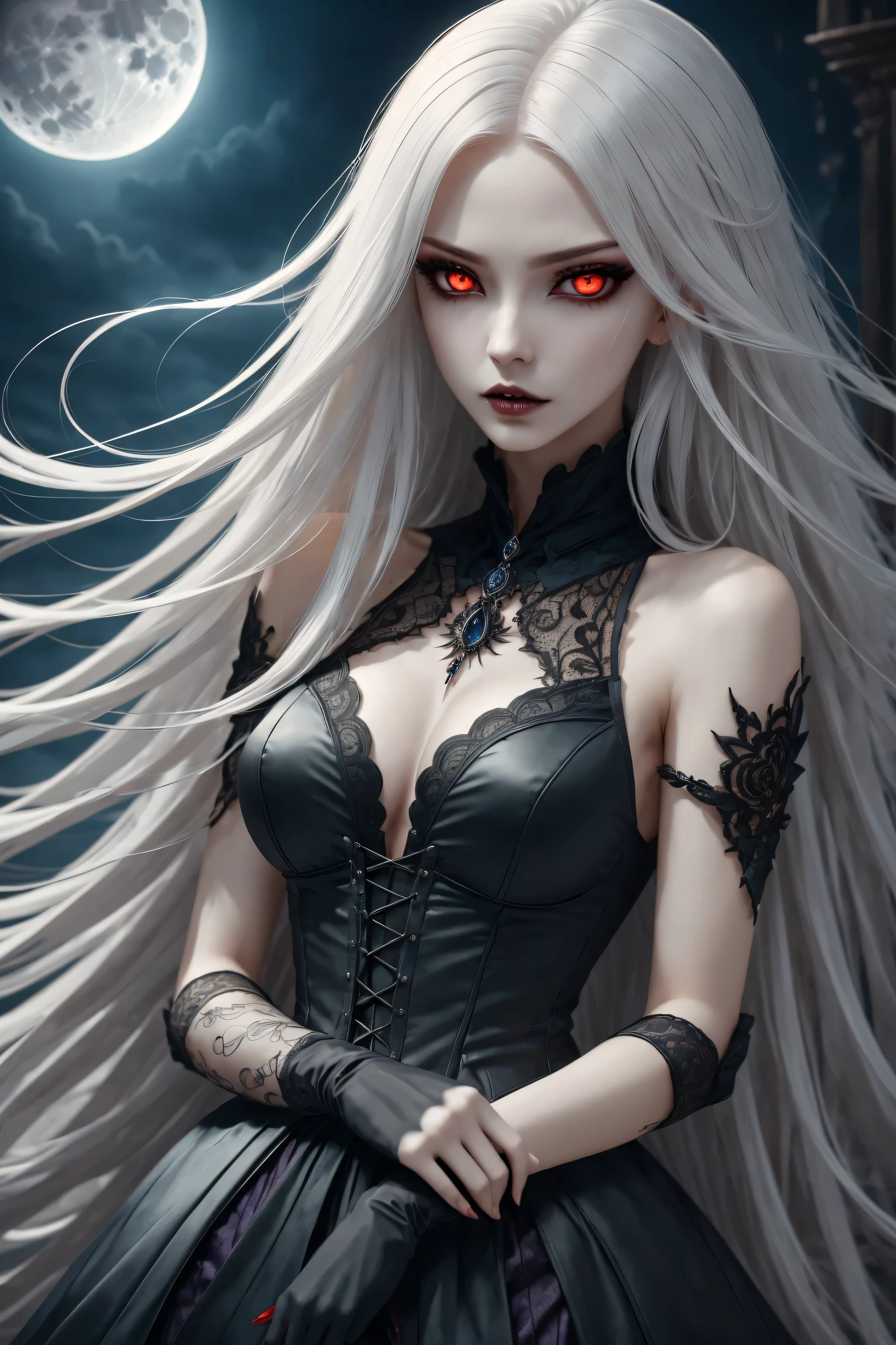 (best quality,4k,8k,high resolution,masterpiece:1.2),Super detailed,(actual,photoactual,photo-actual:1.37),gothic style,The atmosphere is gloomy,dark shadow,weird,unforgettable beauty,vampire girl,red eyes,Pale complexion,long hair,flowing long skirt,lace, short sleeves, collar,lace gloves,Purple eye makeup,night view,Mysterious moonlight,hint of blood red,Gloomy and mysterious,Palette: deep black and rich purple,dramatic lighting,Ethereal and supernatural beings