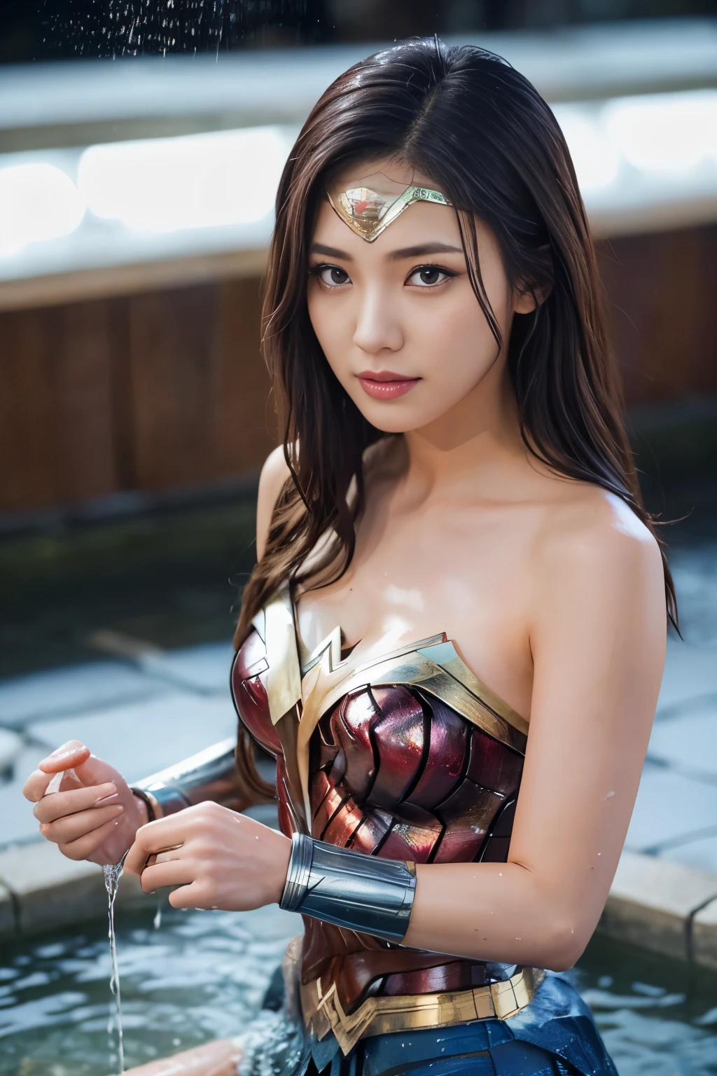 It's raining heavily,heavy rain,water dripping、splashing a lot of water from the head,Inside the fountain,wet wonder woman、Wonder Woman drenched from head to toe,wet hair,wet body、splash of water,water dropletasterpiece、1 beautiful girl、fine eyes、puffy eyes、highest quality, 超High resolution, (reality: 1.4), movie lighting、Japanese、asian beauty、Korean、super beautiful、beautiful skin、body facing forward、close up of face、(超reality的な)、(High resolution)、(8k)、(very detailed)、(美しくfine eyes)、(Super detailed)、 (wall-)、detailed face、bright lighting、professional lighting、looking at the viewer、look straight ahead、slanted bangs、brown hair、Nogizaka Idol、korean idol、fiery idol pose、、25 years old、wonder woman cosplay,wonder woman tiara