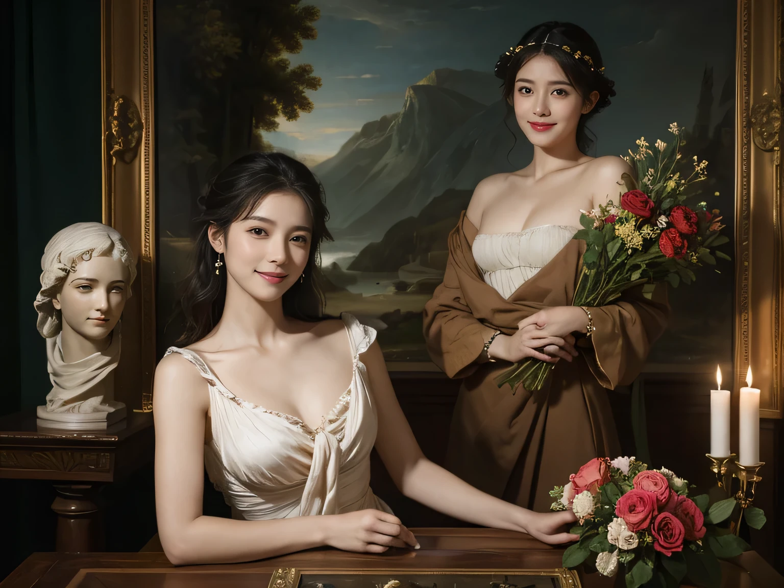 Giorgione painting style,Arguments of two female P、roses in vase、fruits、Cute trinkets、smile、ancient greek costume、Background is a forest lake at night 、Clothes that stretch your shoulders、A big smile、beautiful bare skin,Woman singing with sheet music