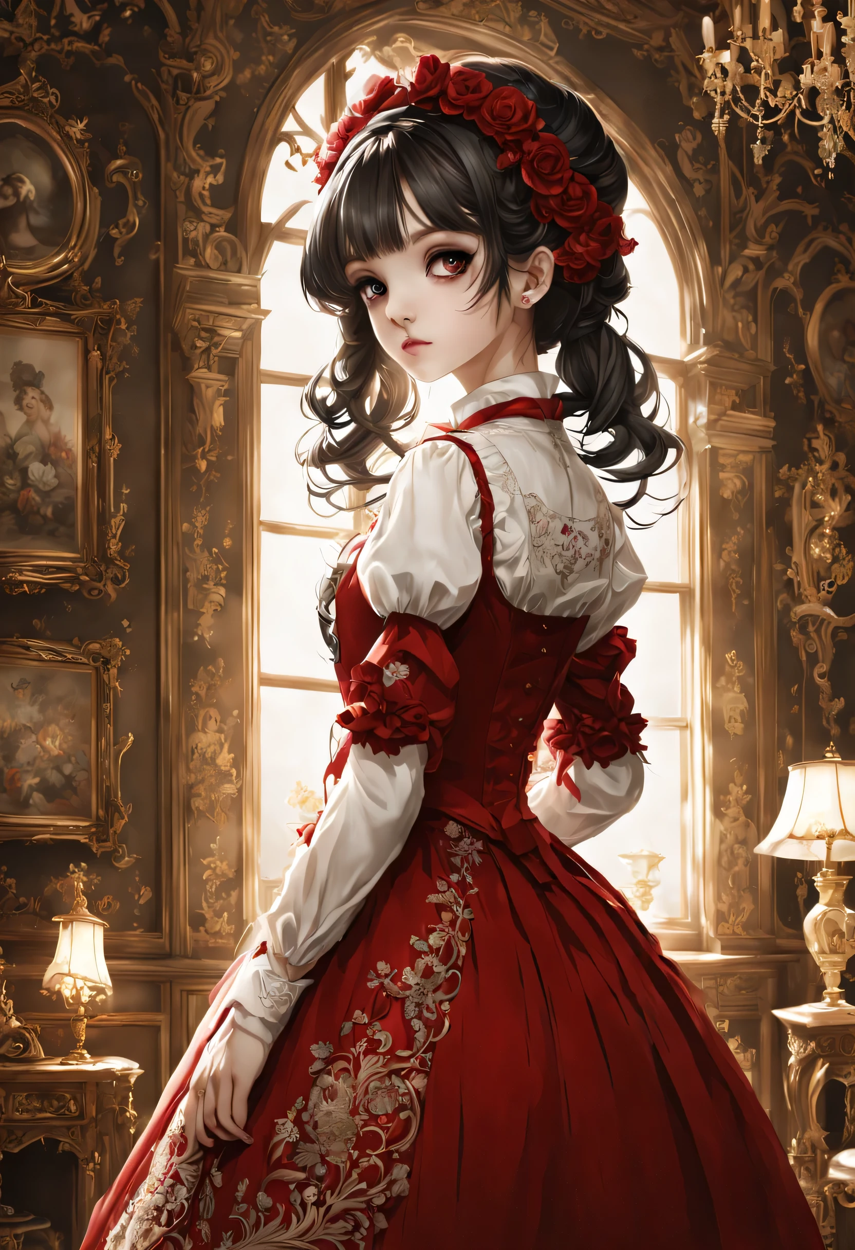 Gothic horror masterpiece,((Beautiful girl standing:Gothic Lolita:12 years old:Temporary:beautiful girl:cute:adorable)),gothic house,look back,black and white,そのadorable少女の正体は家族を皆殺しにする殺人鬼です,Famous events made into movies,scary but beautiful,Gothic Beauty,expressing beautiful madness,Shrouded in mystery,美しいgothic houseに惨劇を予感させる暗雲を配置する,can&#39;don&#39;t believe her&#39;The culprit is.,be familiar with,Use red as an accent color,race,embroidery,detailed pattern,rendering,Designer House,luxury house,nice,quiet,beautiful light and shadow,gothic room