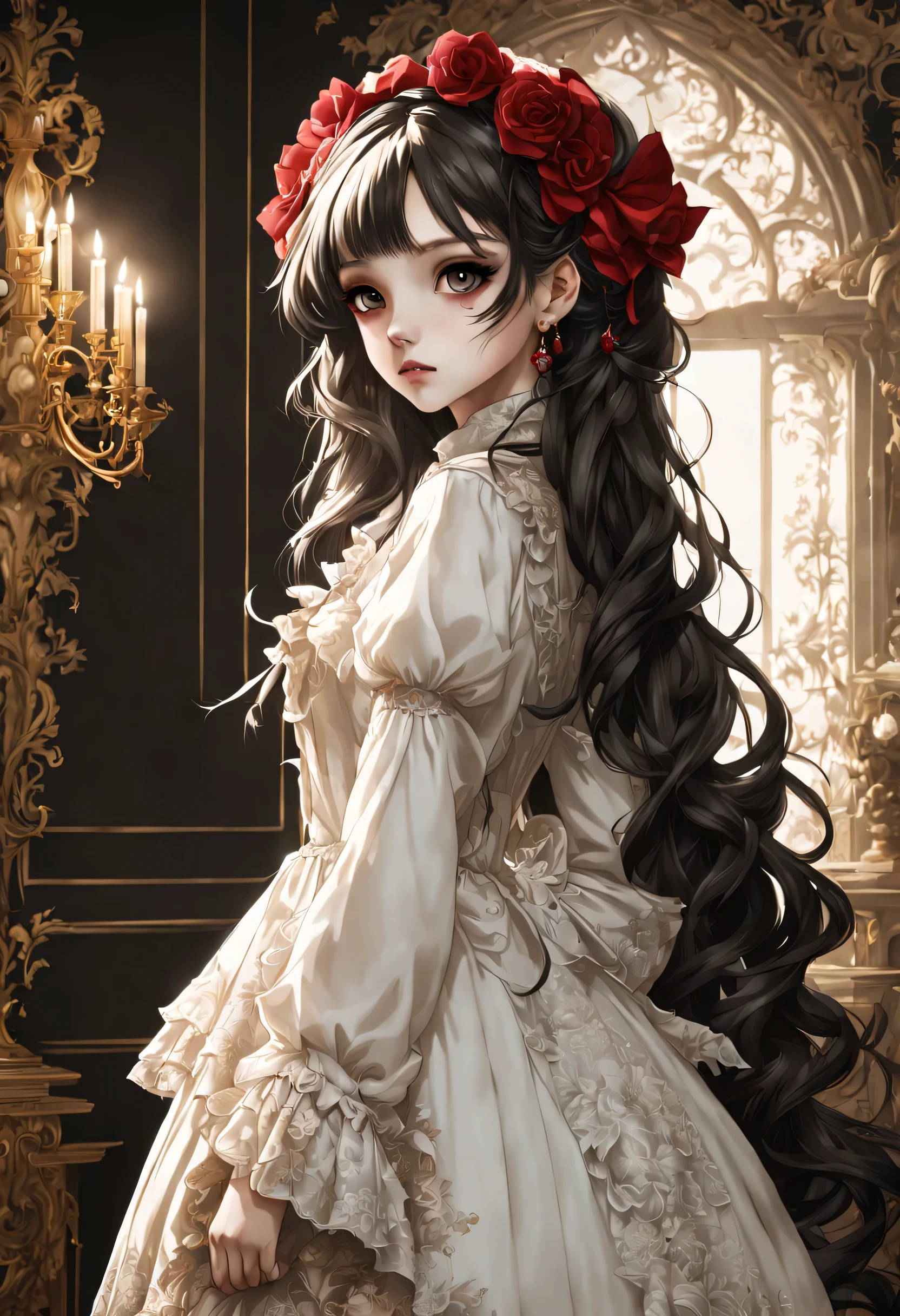 Gothic horror masterpiece,((Beautiful girl standing:Gothic Lolita:12 years old:Temporary:beautiful girl:cute:adorable)),gothic house,look back,black and white,そのadorable少女の正体は家族を皆殺しにする殺人鬼です,Famous events made into movies,scary but beautiful,Gothic Beauty,expressing beautiful madness,Shrouded in mystery,美しいgothic houseに惨劇を予感させる暗雲を配置する,can&#39;don&#39;t believe her&#39;The culprit is.,be familiar with,Use red as an accent color,race,embroidery,detailed pattern,rendering,Designer House,luxury house,nice,quiet,beautiful light and shadow,gothic room