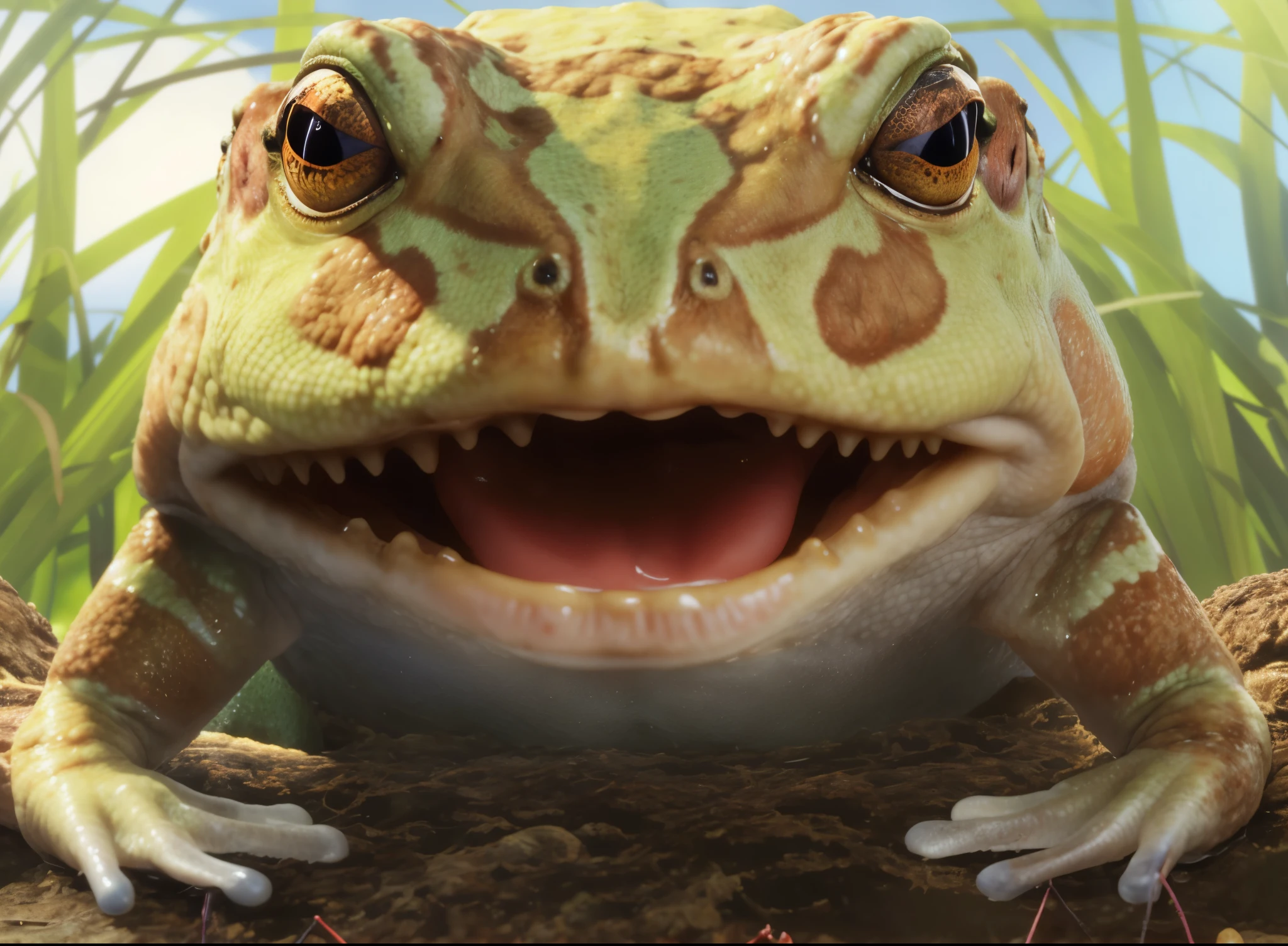 frog，toad, intense expression，teeth，Real close-up, big toad, toad, reptile face, alien frog, Very close-up, closeup 4k，