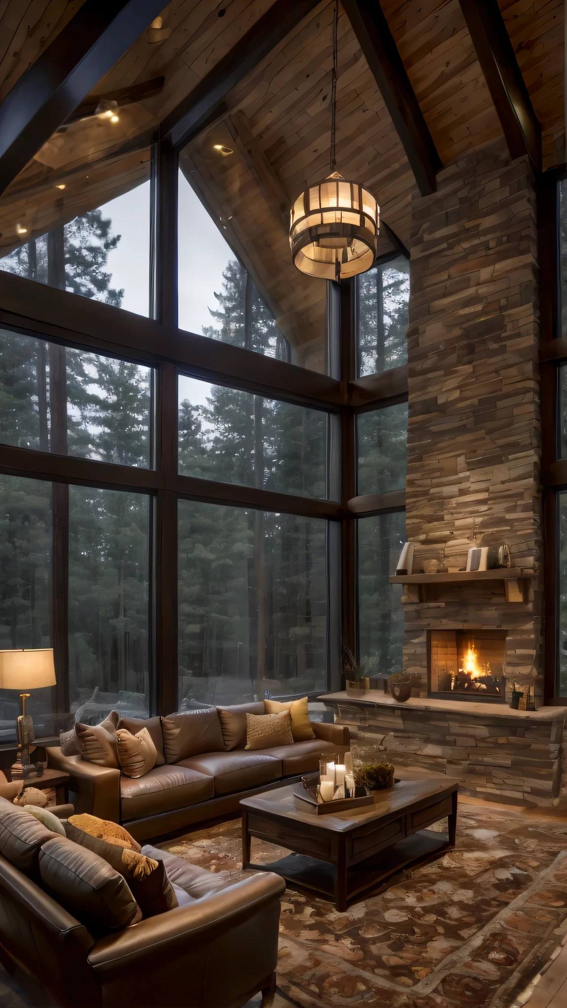 arafed living room with a fireplace and a large window, large windows to forest at night, cozy environment, cozy setting, warm interior, tall windows lit up, cozy living room, large glass windows, floor to ceiling window, fireplace lighting, large windows, lit windows, epic natural light, cozy atmospheric, very cozy, many large windows, warm interiors