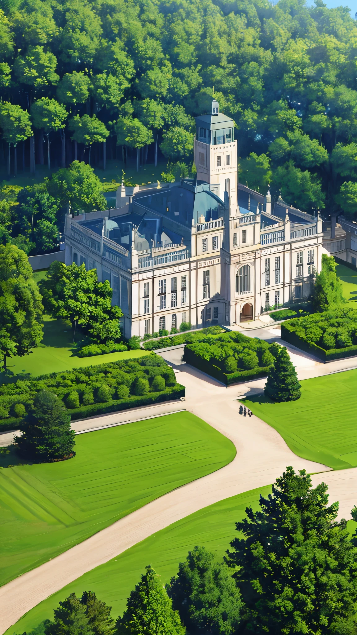A royal-style palace in the middle of a garden full of trees