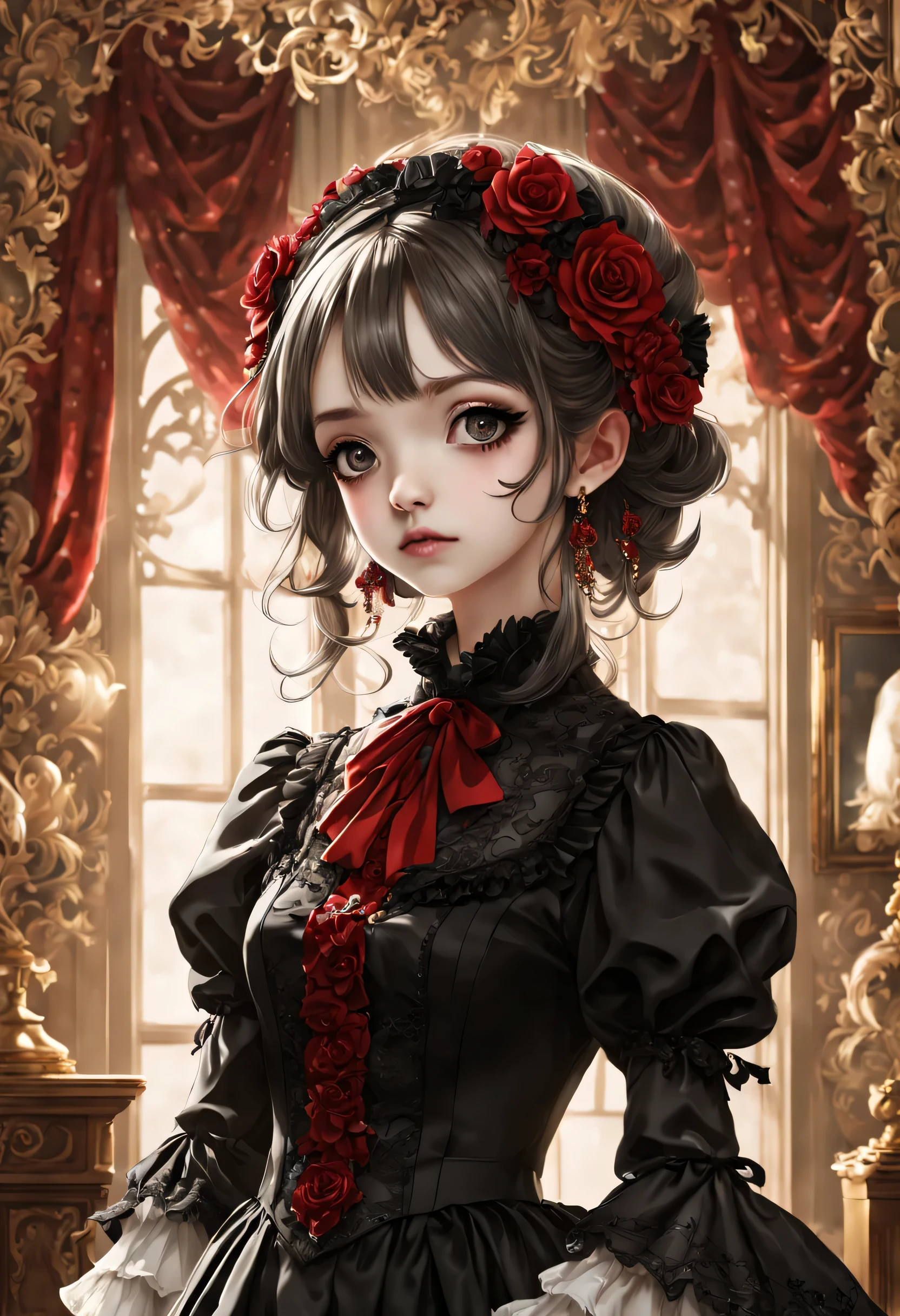 Gothic horror masterpiece,((Beautiful girl standing:Gothic Lolita:12 years old:Temporary:beautiful girl:cute:adorable)),gothic house,look back,black and white,そのadorable少女の正体は家族を皆殺しにする殺人鬼です,Famous events made into movies,scary but beautiful,Gothic Beauty,expressing beautiful madness,Shrouded in mystery,美しいgothic houseに惨劇を予感させる暗雲を配置する,can&#39;don&#39;t believe her&#39;The culprit is.,be familiar with,Use red as an accent color,race,embroidery,detailed pattern,rendering,Designer House,luxury house,nice,quiet,beautiful light and shadow,gothic room