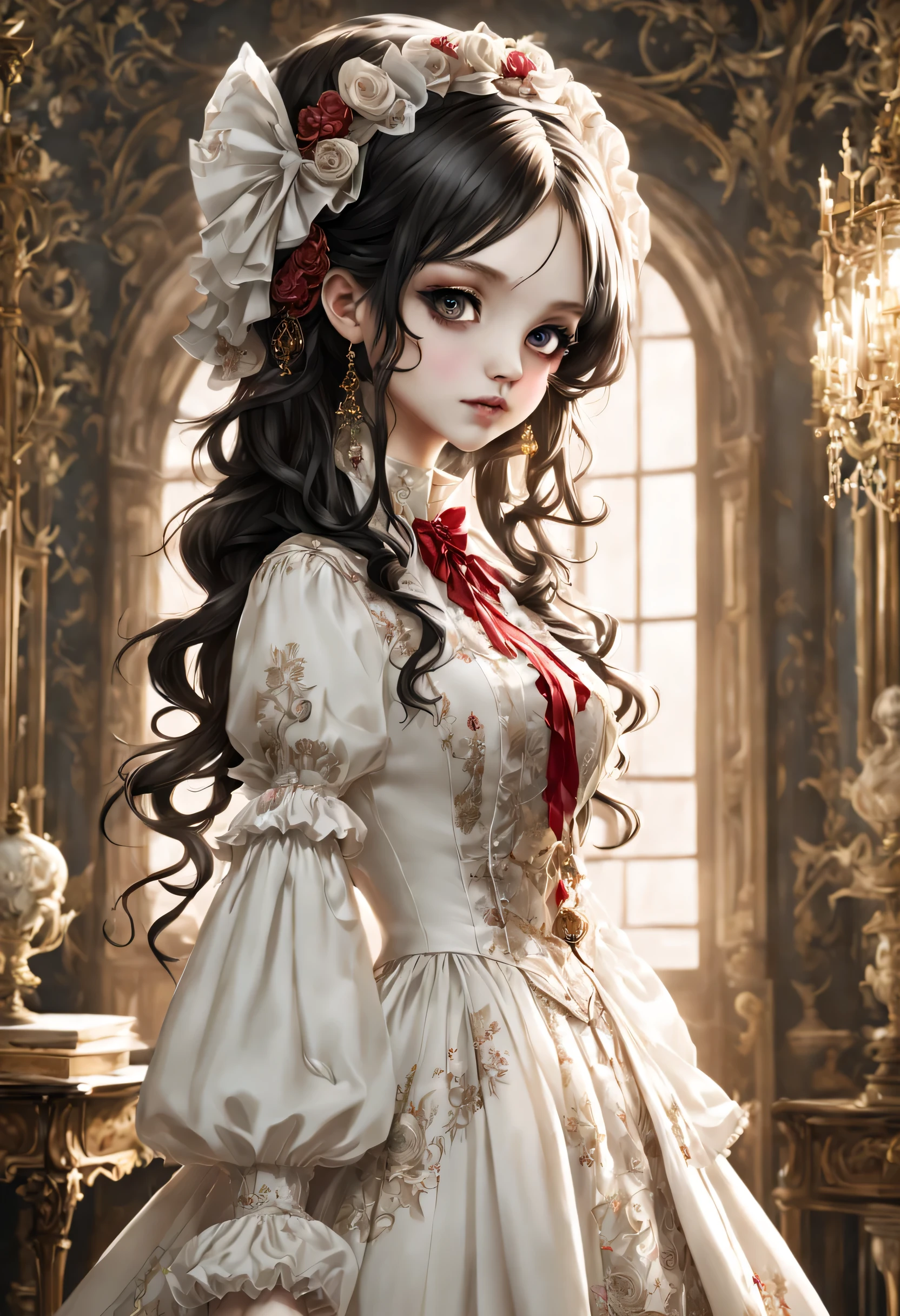 Gothic horror masterpiece,((Beautiful girl standing:Gothic Lolita:12 years old:Temporary:beautiful girl:cute:adorable)),gothic house,look back,black and white,そのadorable少女の正体は家族を皆殺しにする殺人鬼です,Famous events made into movies,scary but beautiful,Gothic Beauty,expressing beautiful madness,Shrouded in mystery,美しいgothic houseに惨劇を予感させる暗雲を配置する,can&#39;don&#39;t believe her&#39;The culprit is.,be familiar with,Use red as an accent color,race,embroidery,detailed pattern,rendering,Designer House,luxury house,nice,quiet,beautiful light and shadow,gothic room