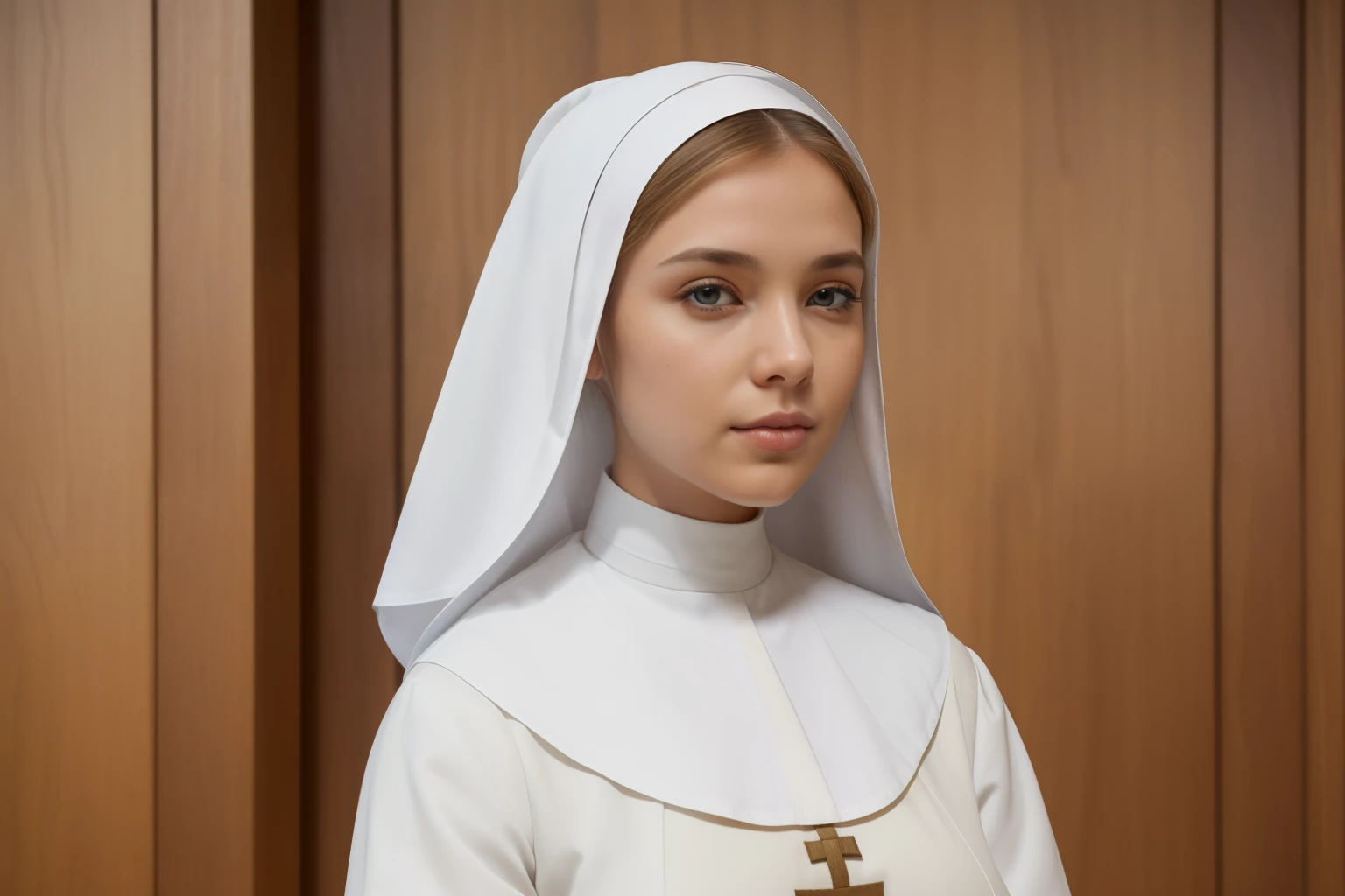 England, 1346. In a hospital, a young ((((29-year-old)) Caris Wooler)), attractive, expressive eyes, tidying up the instrumentals. ((((nun nurse clothings from the 1300s, gown)))), ((light chestnut hairstyle of the 1300s))