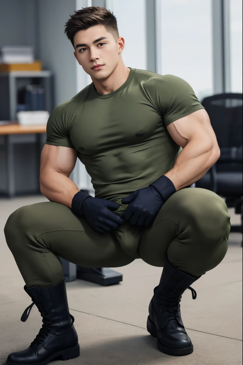 20-year-old boy ,male soldier ,...,handsome ,Wear a camo army short-sleeved shirt, wearing nothing, Wearing only camo green thong , no pants, Black boots and dark navy gloves, standing backward, sit on the ground ,nude, perfect , male , 1boy, solo, male focus, standing back, backward to viewers, showing huge male butt, round muscular ass, His legs spread apart.............................., tight ,Muscle Man , ((The arm muscles are very large.................)) ,large , Wide shoulders ,..................................... ,Sexually suggestive, (Dynamic Poses:1.1) , thights , (Embossed Focus:1.2),......................., ,In an office , Best qualtiy , Wide lens ,deep depth of field ,Bokeh background