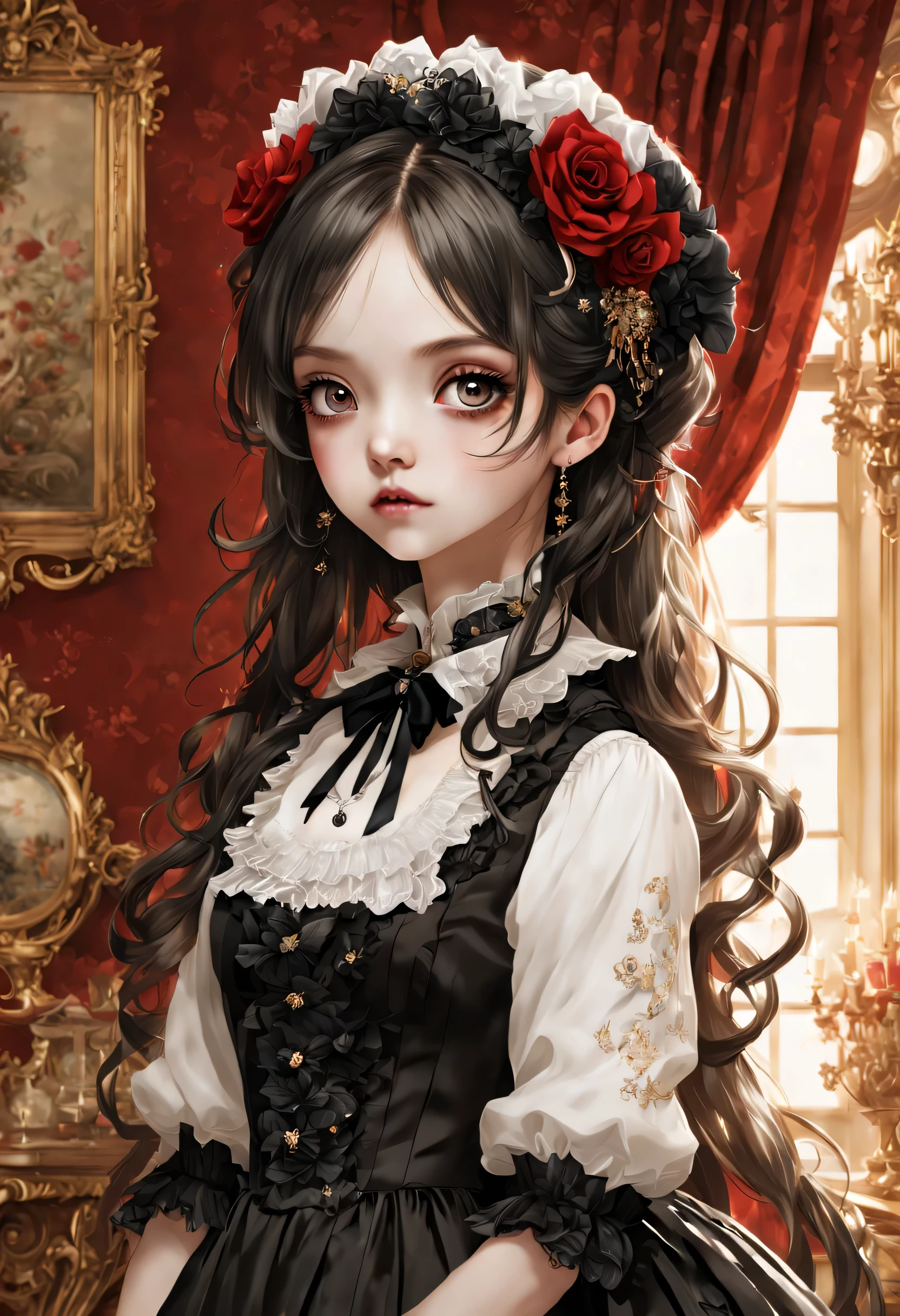 Gothic horror masterpiece,((Beautiful girl standing:Gothic Lolita:12 years old:Temporary:beautiful girl:cute:adorable)),gothic house,look back,black and white,そのadorable少女の正体は家族を皆殺しにする殺人鬼です,Famous events made into movies,scary but beautiful,Gothic Beauty,expressing beautiful madness,Shrouded in mystery,美しいgothic houseに惨劇を予感させる暗雲を配置する,can&#39;don&#39;t believe her&#39;The culprit is.,be familiar with,Use red as an accent color,race,embroidery,detailed pattern,rendering,Designer House,luxury house,nice,quiet,beautiful light and shadow,gothic room