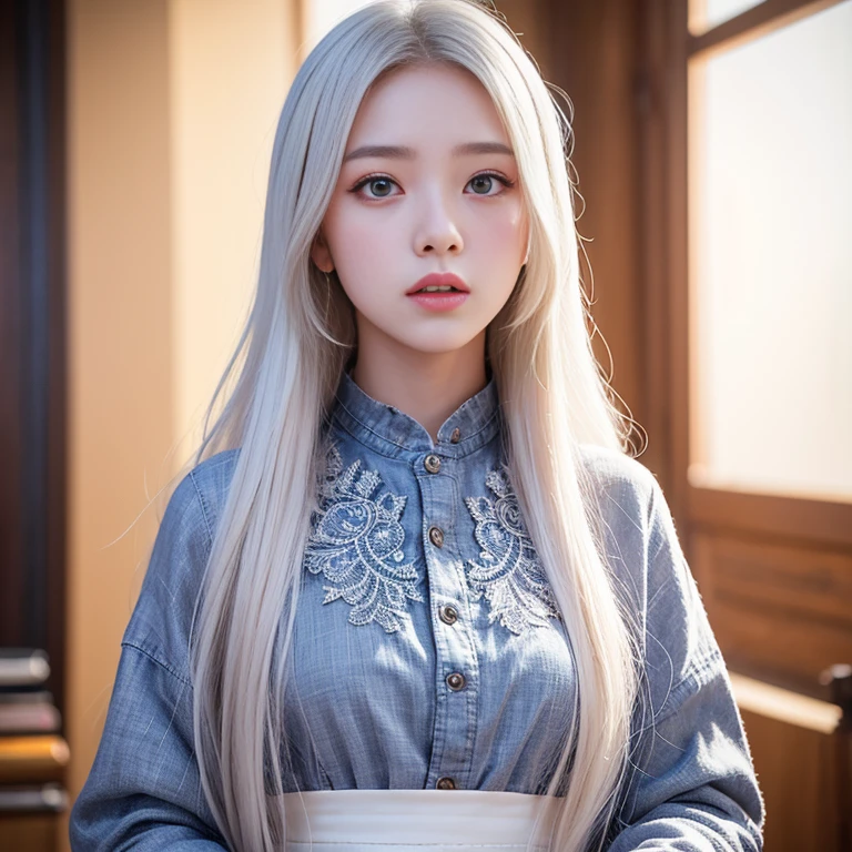 Ulzzang-6500-v1.1: (Raw photo: 1.2), (Photorealistic: 1.4), A beautiful, incredibly detailed girl with captivating eyes and intricate facial features in a stunning (raw photo). Ridiculously high file size, super detailed, and high resolution, this masterpiece showcases a young, 16-year-old girl with long white hair in diverse fashion clothing. The illustration is best quality and very detailed, featuring CG unified 8k wallpaper with amazing fine detail. The girl's expressive eyes are expertly lit with movie lighting, and she dons a best quality, very detailed CG