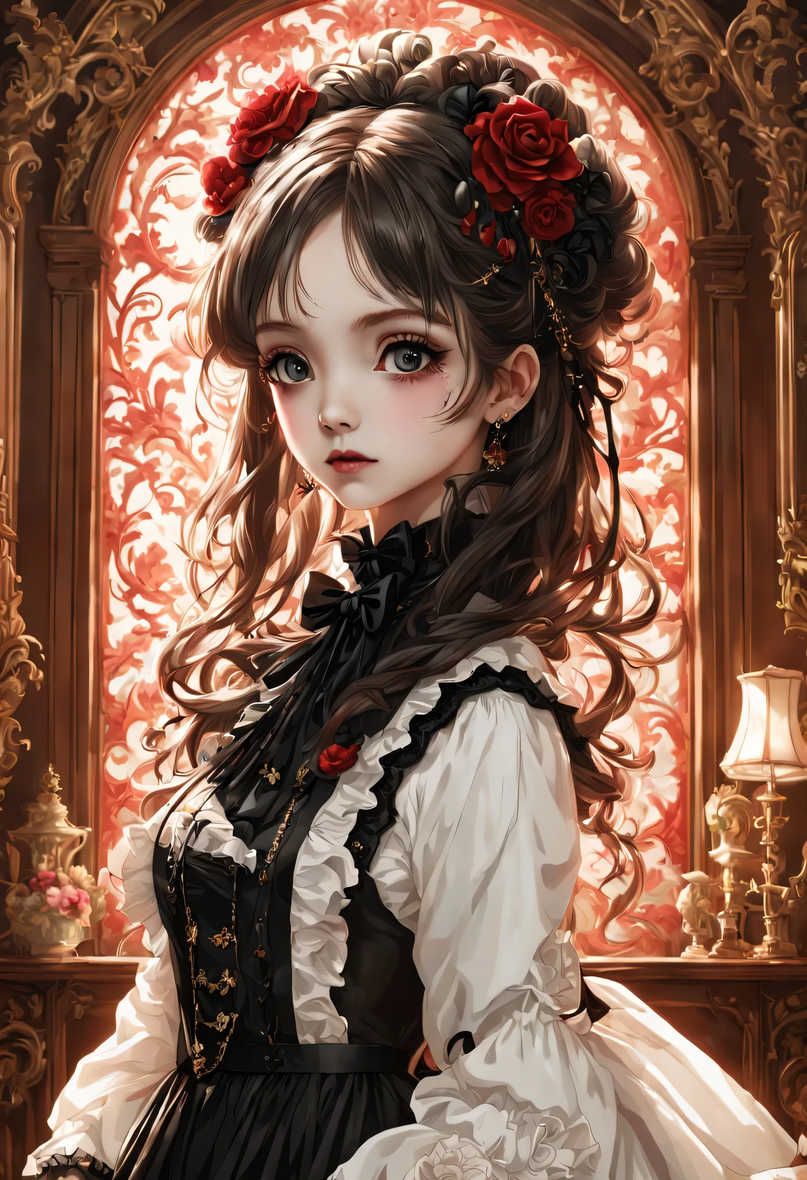 Gothic horror masterpiece,((Beautiful girl standing:Gothic Lolita:12 years old:Temporary:beautiful girl:cute:adorable)),gothic house,look back,black and white,そのadorable少女の正体は家族を皆殺しにする殺人鬼です,Famous events made into movies,scary but beautiful,Gothic Beauty,expressing beautiful madness,Shrouded in mystery,美しいgothic houseに惨劇を予感させる暗雲を配置する,can&#39;don&#39;t believe her&#39;The culprit is.,be familiar with,Use red as an accent color,race,embroidery,detailed pattern,rendering,Designer House,luxury house,nice,quiet,beautiful light and shadow,gothic room
