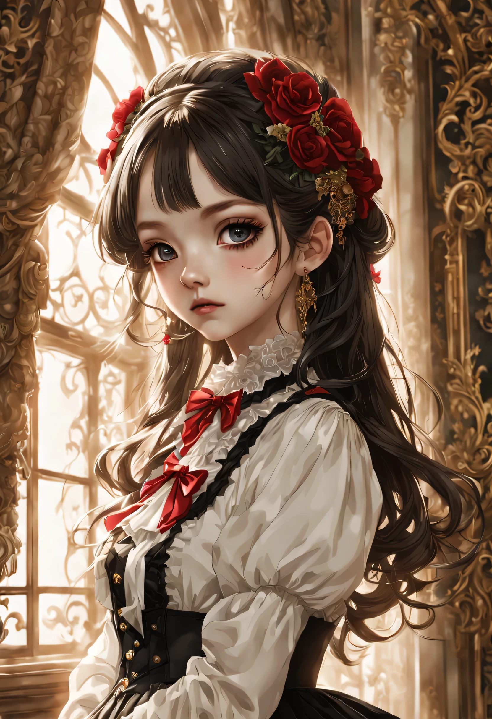 Gothic horror masterpiece,((Beautiful girl standing:Gothic Lolita:12 years old:Temporary:beautiful girl:cute:adorable)),gothic house,look back,black and white,そのadorable少女の正体は家族を皆殺しにする殺人鬼です,Famous events made into movies,scary but beautiful,Gothic Beauty,expressing beautiful madness,Shrouded in mystery,美しいgothic houseに惨劇を予感させる暗雲を配置する,can&#39;don&#39;t believe her&#39;The culprit is.,be familiar with,Use red as an accent color,race,embroidery,detailed pattern,rendering,Designer House,luxury house,nice,quiet,beautiful light and shadow,gothic room