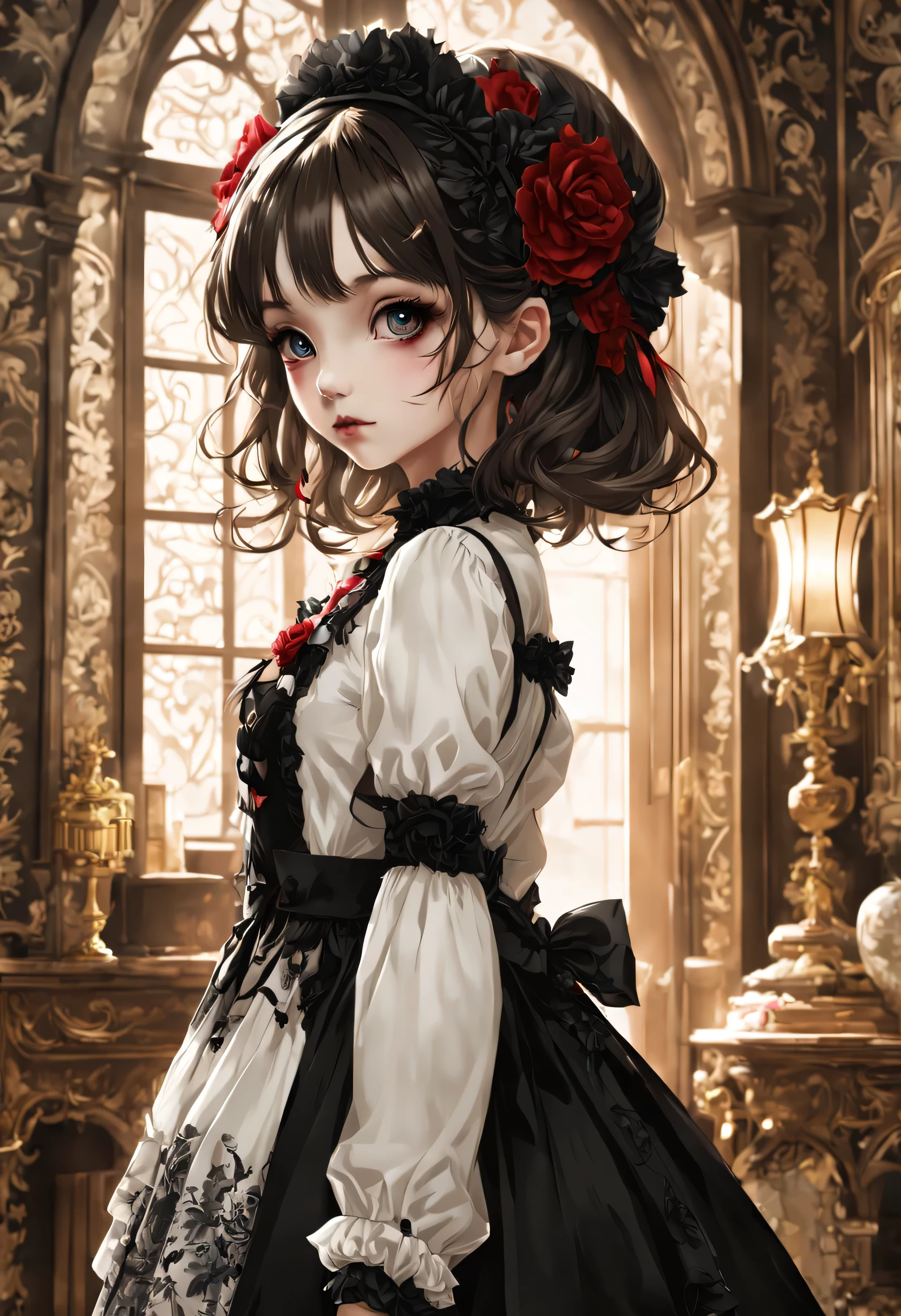 Gothic horror masterpiece,((Beautiful girl standing:Gothic Lolita:12 years old:Temporary:beautiful girl:cute:adorable)),gothic house,look back,black and white,そのadorable少女の正体は家族を皆殺しにする殺人鬼です,Famous events made into movies,scary but beautiful,Gothic Beauty,expressing beautiful madness,Shrouded in mystery,美しいgothic houseに惨劇を予感させる暗雲を配置する,can&#39;don&#39;t believe her&#39;The culprit is.,be familiar with,Use red as an accent color,race,embroidery,detailed pattern,rendering,Designer House,luxury house,nice,quiet,beautiful light and shadow,gothic room