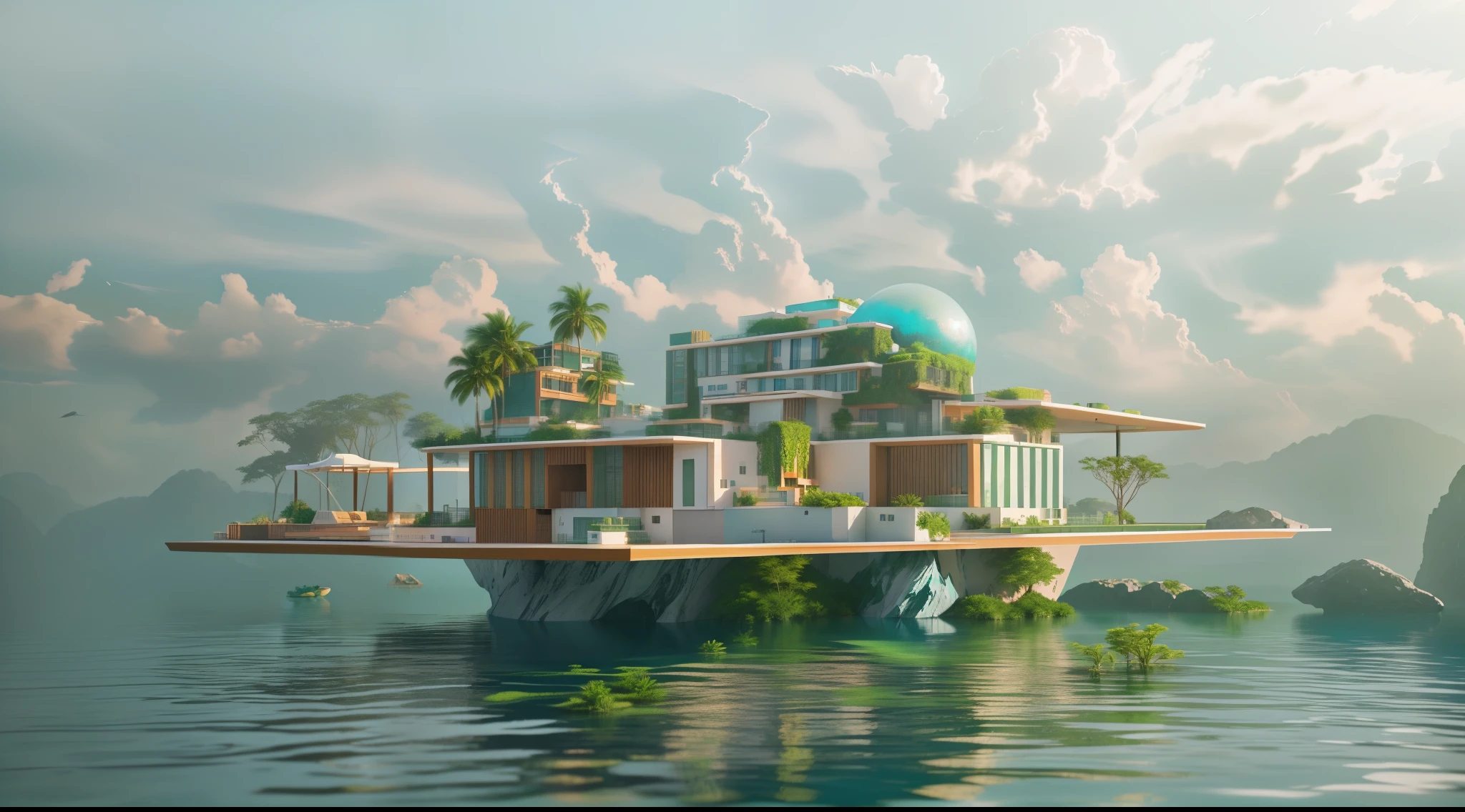 There is a floating city，There is a swimming pool and a rock, floating island, floating urban green plants, Art style of Philip Hodas, inspired by Filip Hodas, Daily rendering, super rendered in octane rendering, architectural rendering, Floating buildings, Award-winning. octane rendering, stunning rendering, stunning rendering, architectural visualization, realistic fantasy rendering