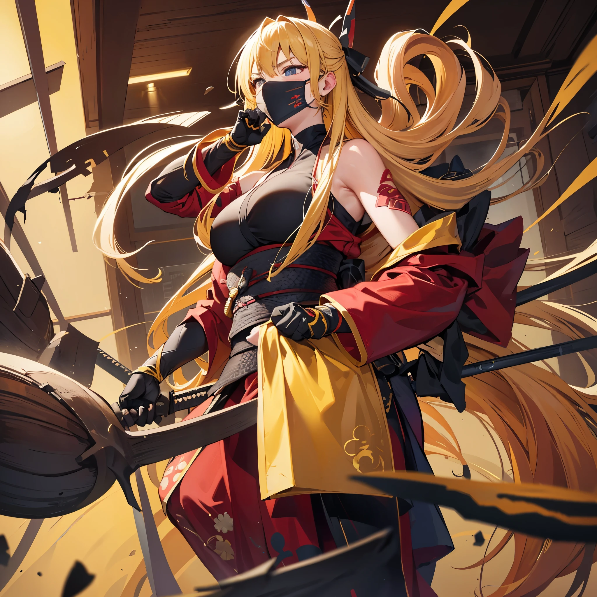 Madaraki_Fran,Young woman,yellow hair,long hair,(((dressed in a surgeon&#39;s robe))) , (Against the backdrop of hell), holding a scalpel in his hand , burning eyes , goes to hellfire castle ((view from the back))