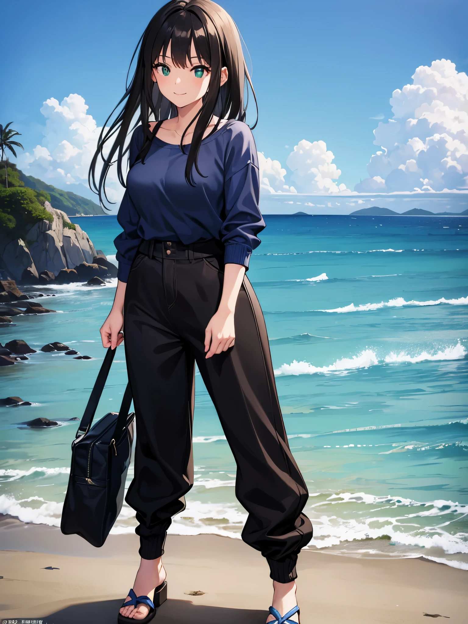 1 girl, mature woman, green eyes、black long hair、casual clothes、blue sweater、long pants、smile gently、bow, highest quality, hire, detailed face, along the coast、pose on the beach、 detailed background, Depth of written boundary, Bokeh