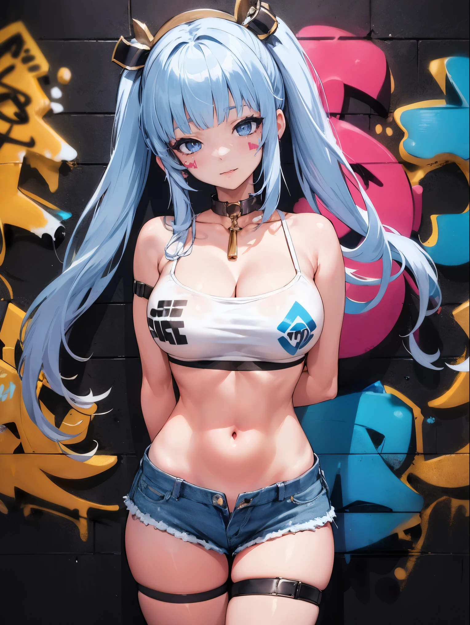coral palace heart sea|Genshin Impact, masterpiece, best quality, 1 girl,25 years old, extra large breasts, crop top, Denim shorts, extra large breasts, ,only, crop top, Denim shorts, collar, (Graffiti:1.5), Splash with purple lightning pattern., arms behind back, against the wall, Viewing the audience from the front., thigh strap, head tilt, boring, water eyes,