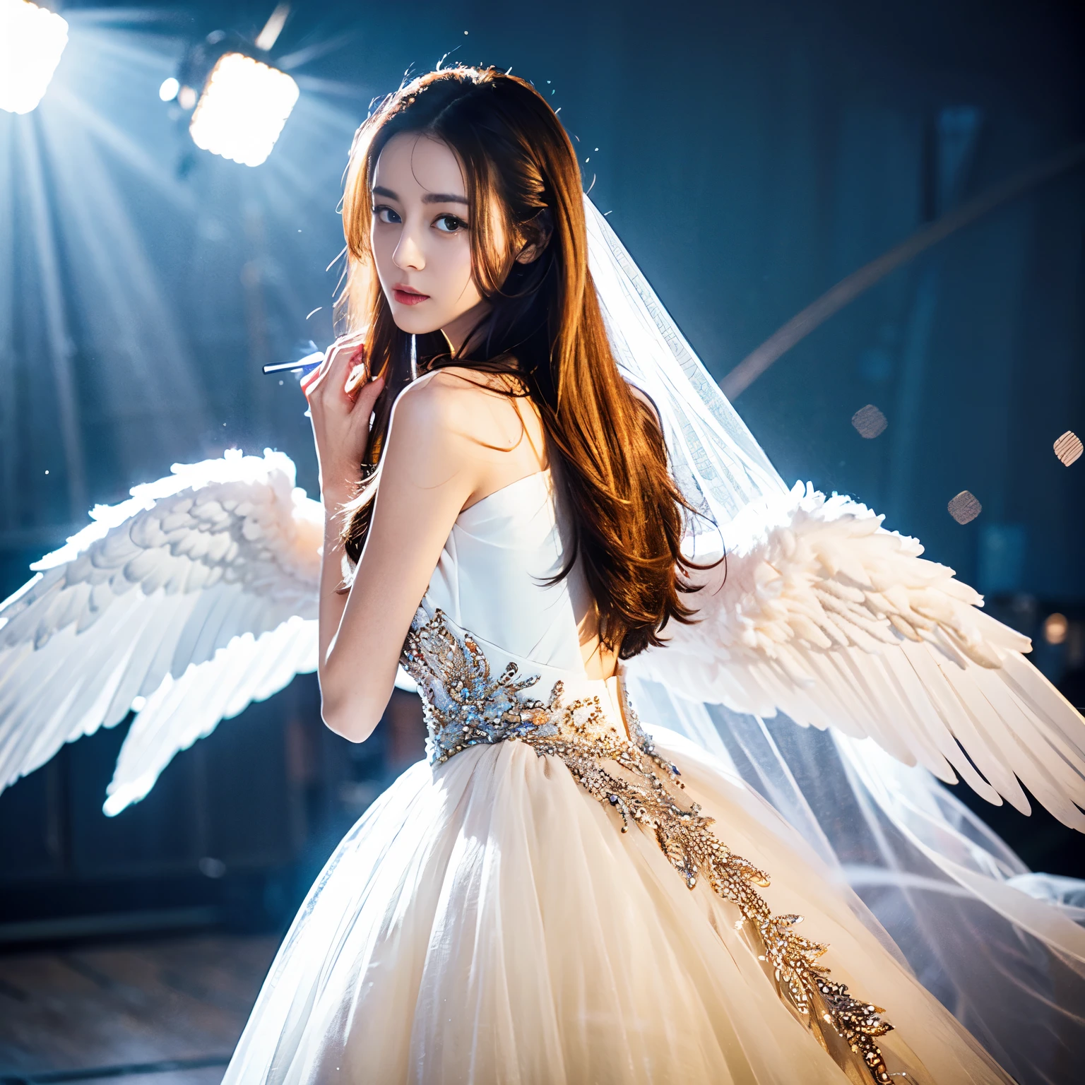 ((top quality、8k、Masterpiece:1.3))、Extremely delicate and beautiful girl,Very white skin,fiery red lips,Waist is very thin,Thighs are very thin,White wedding dress,White and smooth skin,Smooth and fair skin,flawless skin,Fair and shiny skin,cold white skin,The camera focuses on the chest,bright light,hair is white,A pair of huge white wings on the back,angel wings,hazy light rays,hazy light rays,blurred white background,light blonde hair,sad,Tears on his face